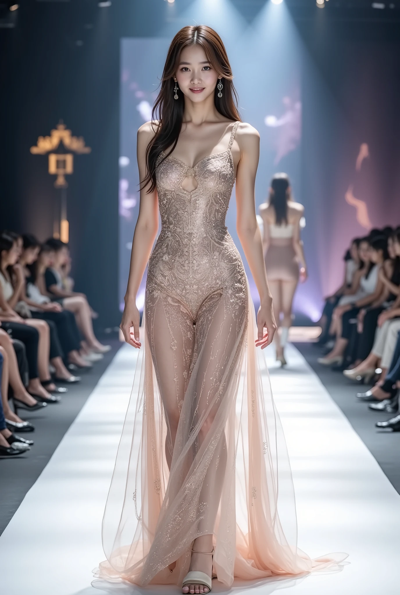(8k,      Top quality, Masterpiece), (       realistic   , photo       realistic   : 1.37),        tall Highly detailed    ,          One Girl     , {Top Idol Walking the Runway } Very delicate depiction     、    realistic要素と幻想的要素を組み合わせた複雑な模様ドレス  、World of Reality and Illusion