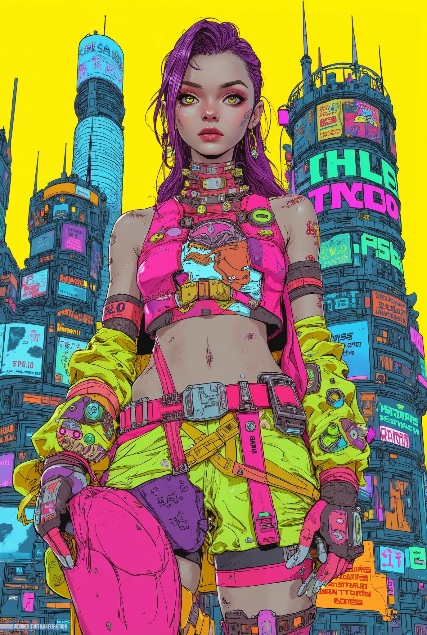 masterpiece, highest quality, jinx arcane Cyberpunk girl, Pop costumes inspired by Harajuku, Bold colors and patterns, eye-catching accessories, Trendy and innovative hairstyles, bright makeup, Cyberpunk dazzling cityscape, yellow is noticeable,skyscraper, neon sign, led lights, Bright and vivid color scheme, anime, figure, fine skin texture, fine cloth texture, beautiful detailed face, intricate details, Super detailed.
