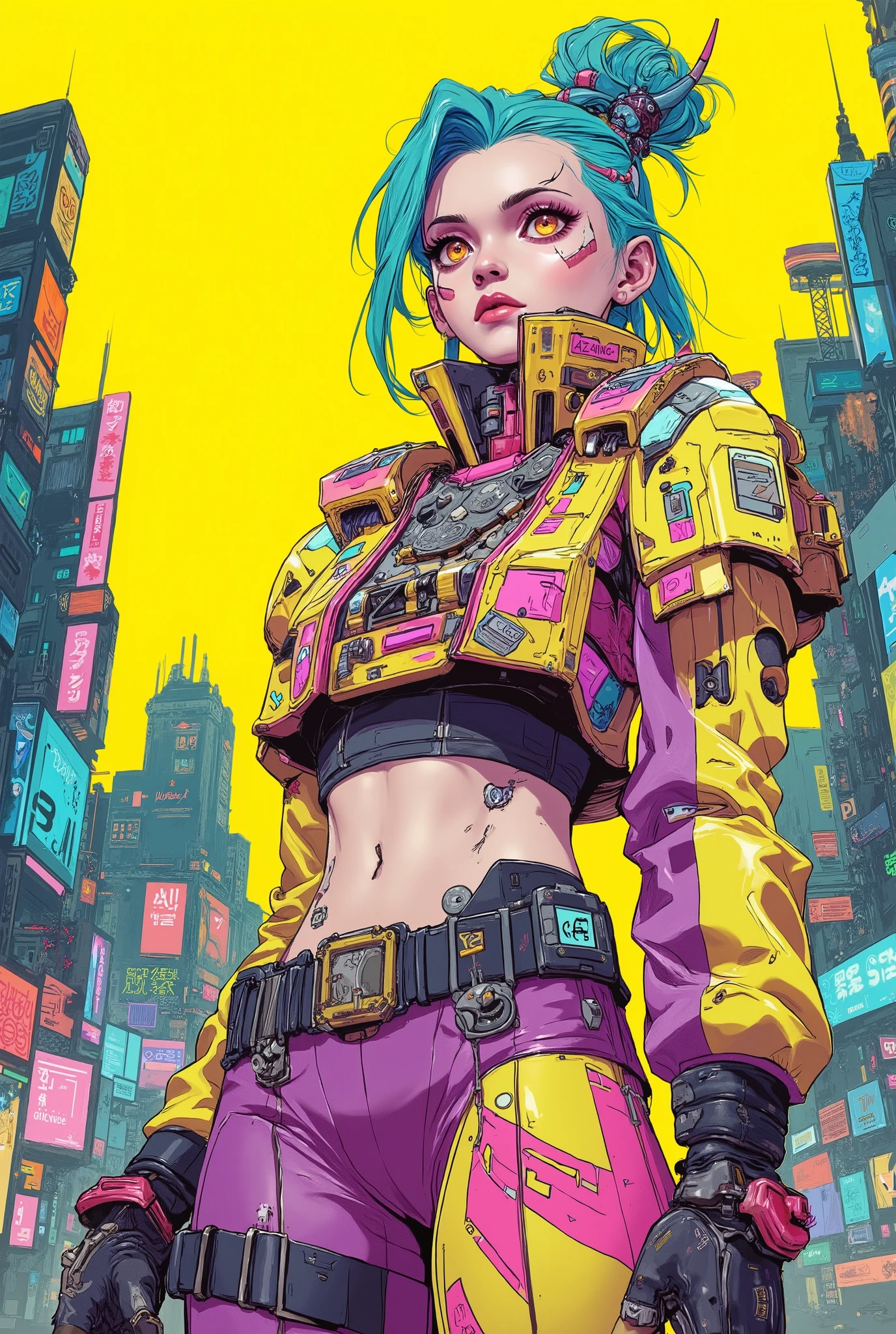 masterpiece, highest quality, jinx arcane Cyberpunk girl, Pop costumes inspired by Harajuku, Bold colors and patterns, eye-catching accessories, Trendy and innovative hairstyles, bright makeup, Cyberpunk dazzling cityscape, yellow is noticeable,skyscraper, neon sign, led lights, Bright and vivid color scheme, anime, figure, fine skin texture, fine cloth texture, beautiful detailed face, intricate details, Super detailed.
