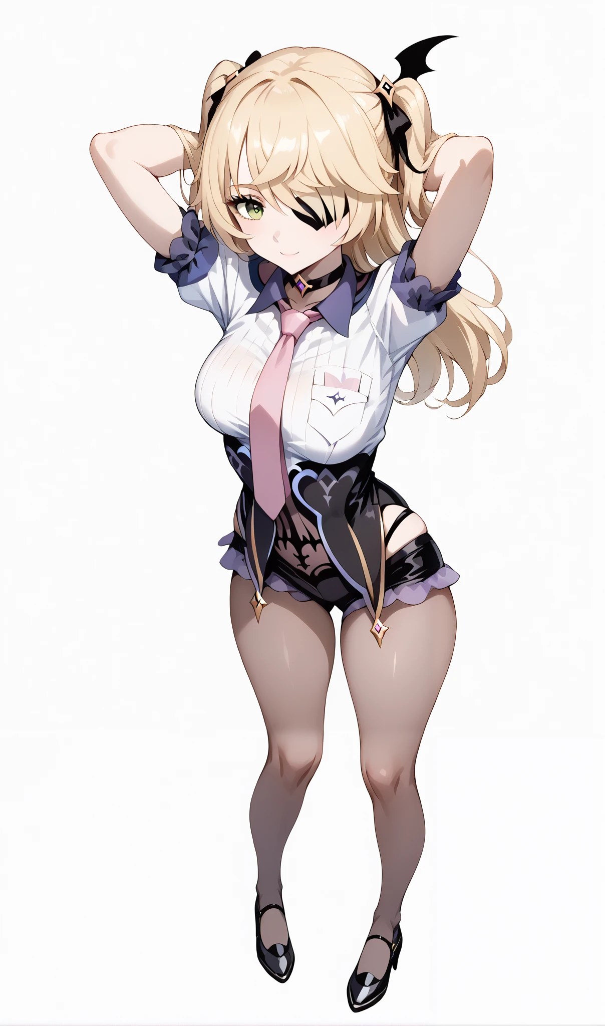 score_9, score_8_up, score_7_up, source_anime, 4K,perfect fingers,(perfect hands, perfect anatomy),prefect lighting, very aesthetic, intricate details,highly detailed background, masterpiece, high quality, best quality,
1girl,solo, fischl, fischl, long hair, bangs, blonde hair, ribbon, green eyes, hair ribbon, hair over one eye, two side up, eyepatch, large breasts,,
wearing ((choker,black choker,necktie,pink necktie, shirt, )),,
looking at the spectator, filed, (arms behind head:1.5), high thigh individual , (large breasts:0.9),Stand up,((fullbody:1.5)),((White plain background:1.5)) ,smile,((top view:1.5)),leaning forward:1.3,looking at viewer,focos on ass,