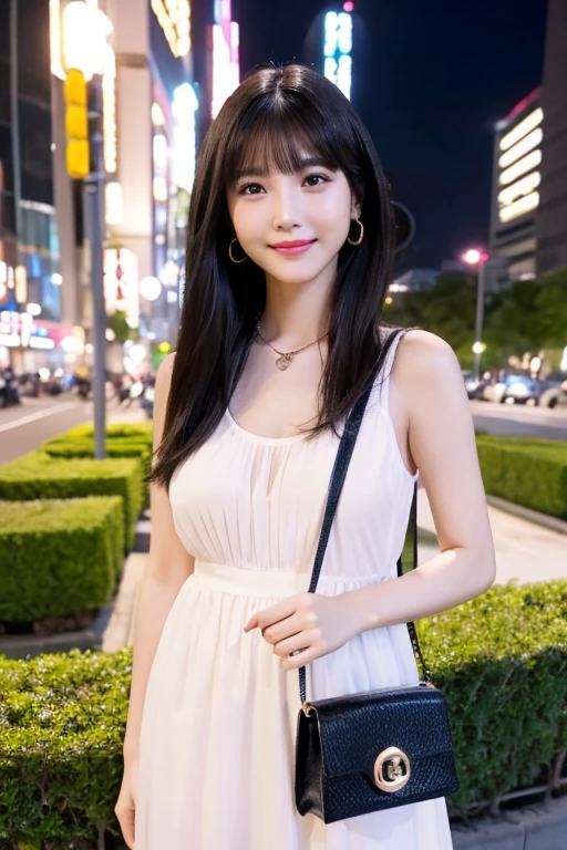 masutepiece、top-quality、masterpiece、8K、One lady、ssmile、full body Esbian、japanes、A slender、A sexy、Upper class、Beautuful Women、Looking here、hair wavy、Brown hair、Downtown Tokyo、Hostess、Downtown at night、Many billboards、sexy dress、White Dress、tight design dress、Dresses wide open、Black High Heels、pin heels、Slit in the skirt