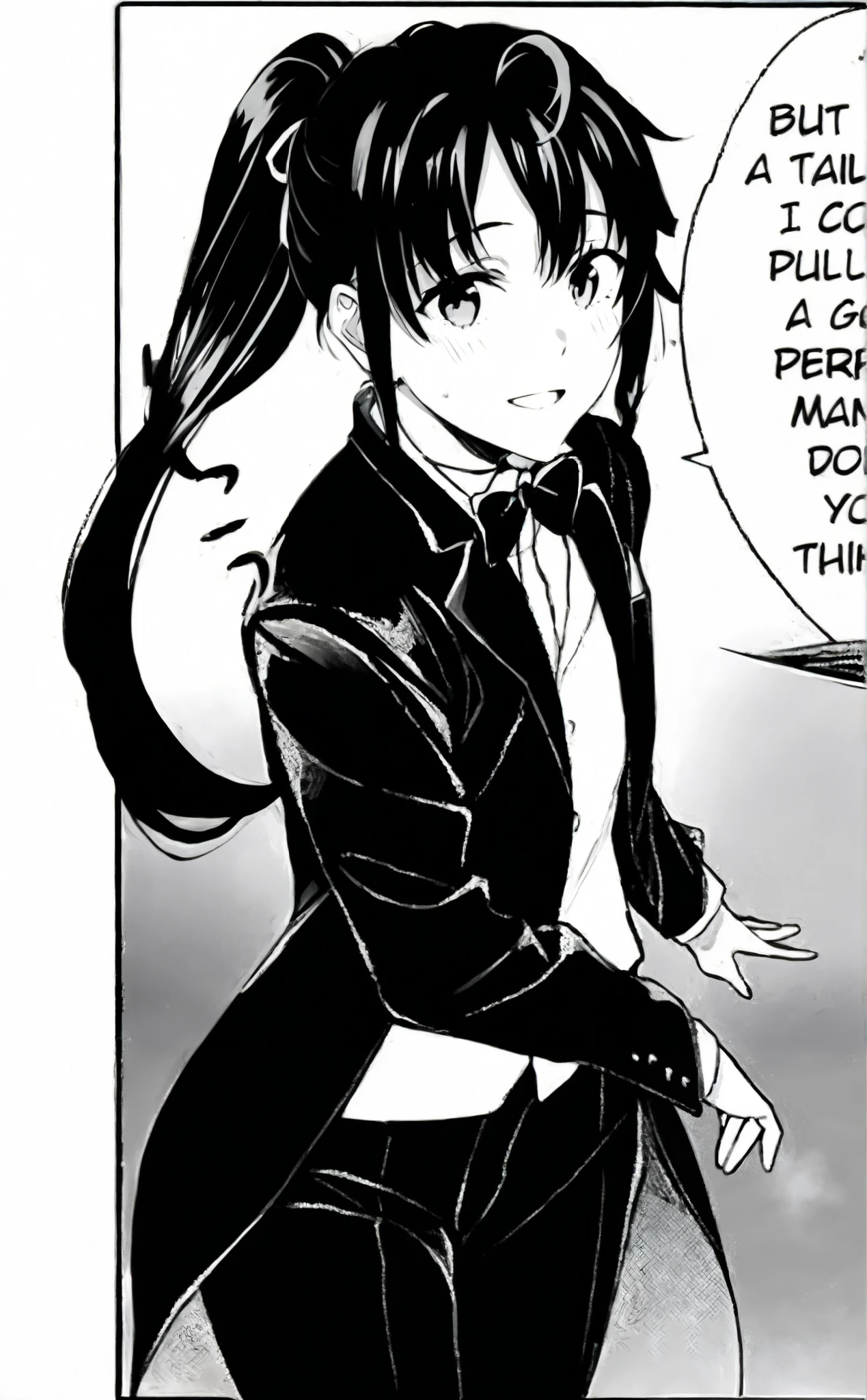 (masterpiece, best quality:1.2), 1girl, solo , yukinoshita yukino,b,classic black tuxedo,crisp tailored suit,sharp edges,perfectly fitted attire,sleek satin lapels,elegant bow tie,swagger,luxurious fabric