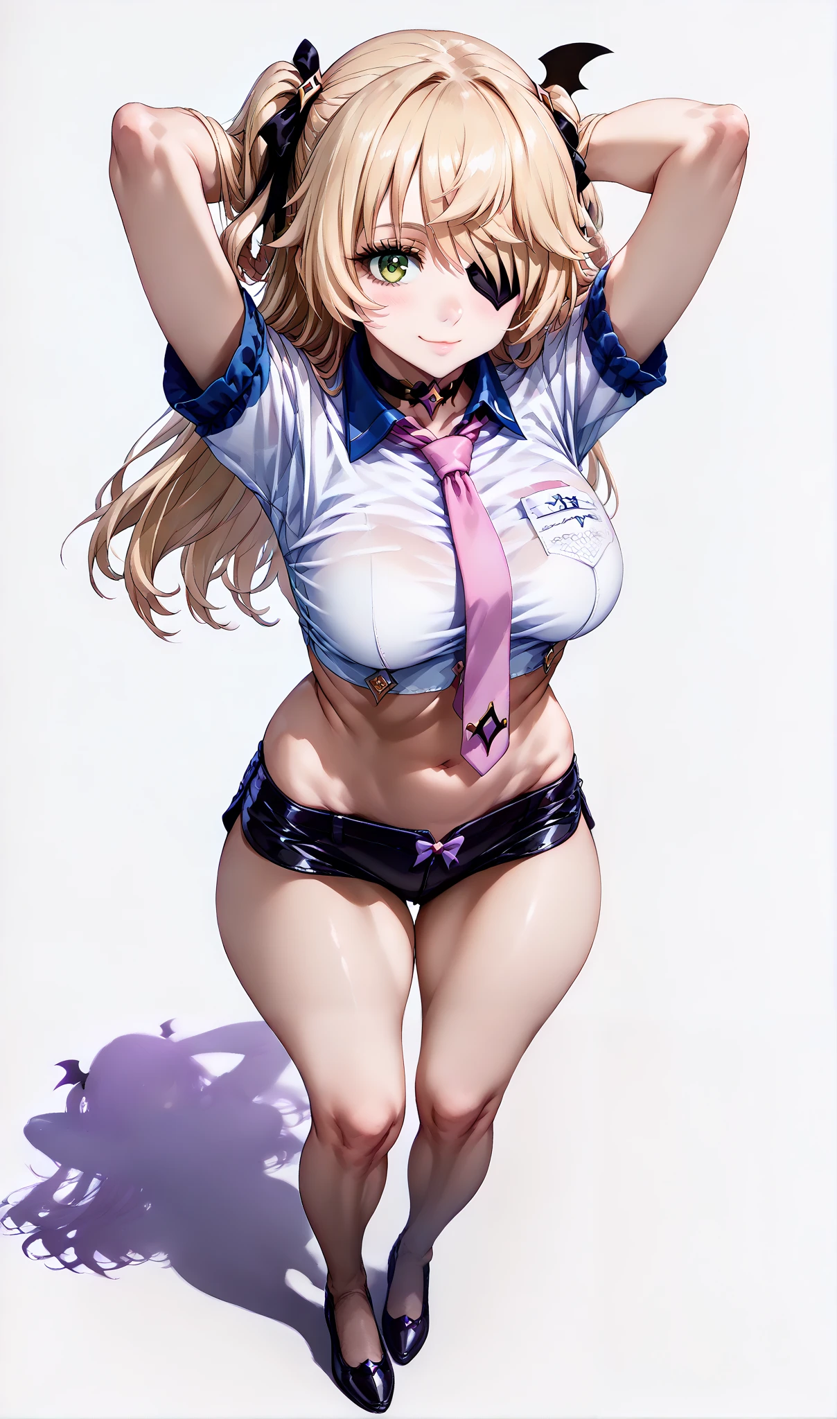 score_9, score_8_up, score_7_up, source_anime, 4K,perfect fingers,(perfect hands, perfect anatomy),prefect lighting, very aesthetic, intricate details,highly detailed background, masterpiece, high quality, best quality,
1girl,solo, fischl, fischl, long hair, bangs, blonde hair, ribbon, green eyes, hair ribbon, hair over one eye, two side up, eyepatch, large breasts,,
wearing ((choker,black choker,necktie,pink necktie, shirt,white shirt, collared shirt, crop top,crop top overhang, )),,
looking at the spectator, filed, (arms behind head:1.5), high thigh individual , (large breasts:0.9),Stand up,((fullbody:1.5)),((White plain background:1.5)) ,smile,((top view:1.5)),leaning forward:1.3,looking at viewer,focos on ass,