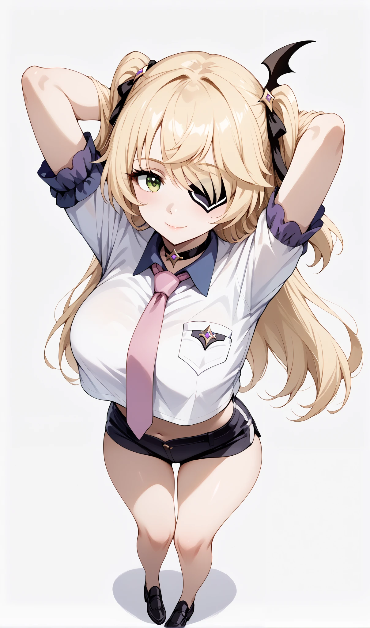 score_9, score_8_up, score_7_up, source_anime, 4K,perfect fingers,(perfect hands, perfect anatomy),prefect lighting, very aesthetic, intricate details,highly detailed background, masterpiece, high quality, best quality,
1girl,solo, fischl, fischl, long hair, bangs, blonde hair, ribbon, green eyes, hair ribbon, hair over one eye, two side up, eyepatch, large breasts,,
wearing ((choker,black choker,necktie,pink necktie, shirt,white shirt, collared shirt, crop top,crop top overhang, pocket watch, )),,
looking at the spectator, filed, (arms behind head:1.5), high thigh individual , (large breasts:0.9),Stand up,((fullbody:1.5)),((White plain background:1.5)) ,smile,((top view:1.5)),leaning forward:1.3,looking at viewer,focos on ass,