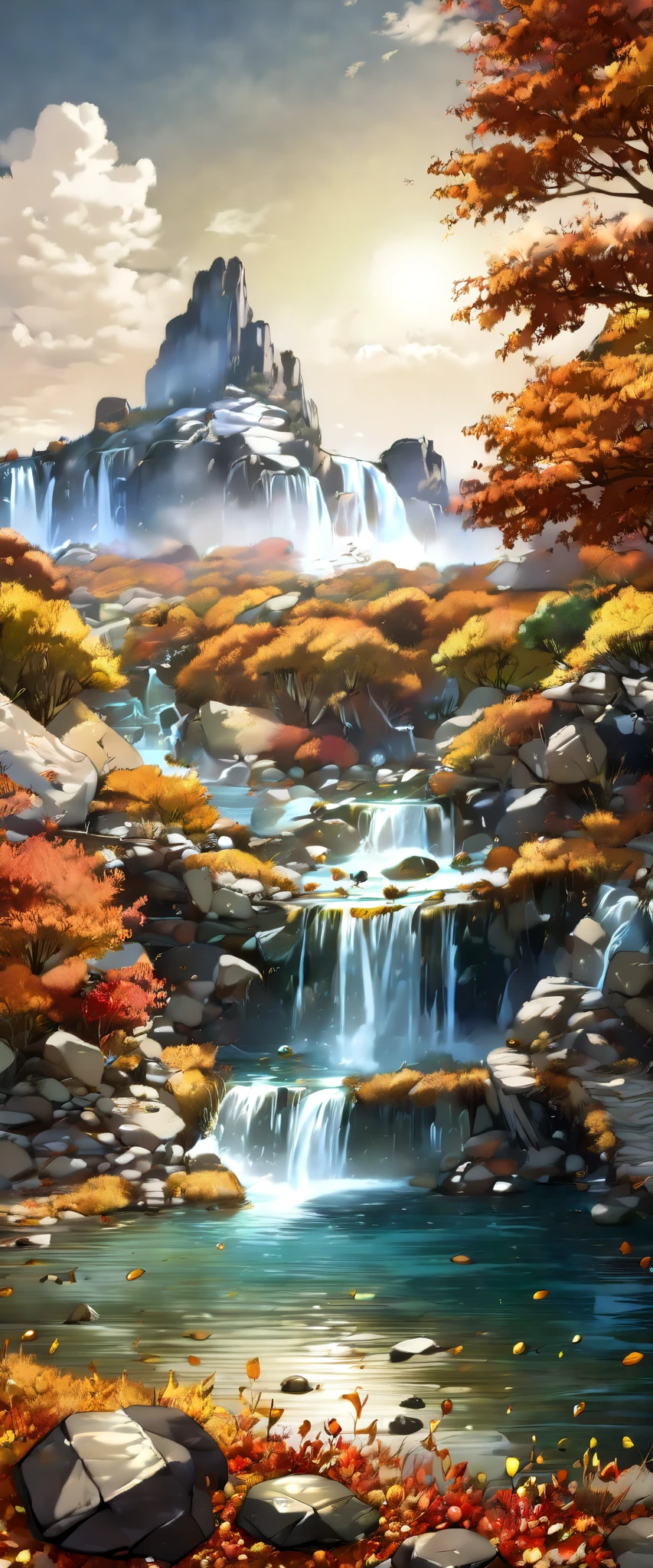 ((ultra wide angle x0 .5:1.5, fisheye camera :1.5, 360 degrees :1.5)),( Landscape with mountains , River, trees, rock,  waterfall , autumn, autumn colors:1.5), (( Imaginative scene  )), ((   very detailed: 1.4), ((  masterpiece  )), (  Hyper-detailed and beautiful: 1.3), ( photorealistic : 1.4), 32K.