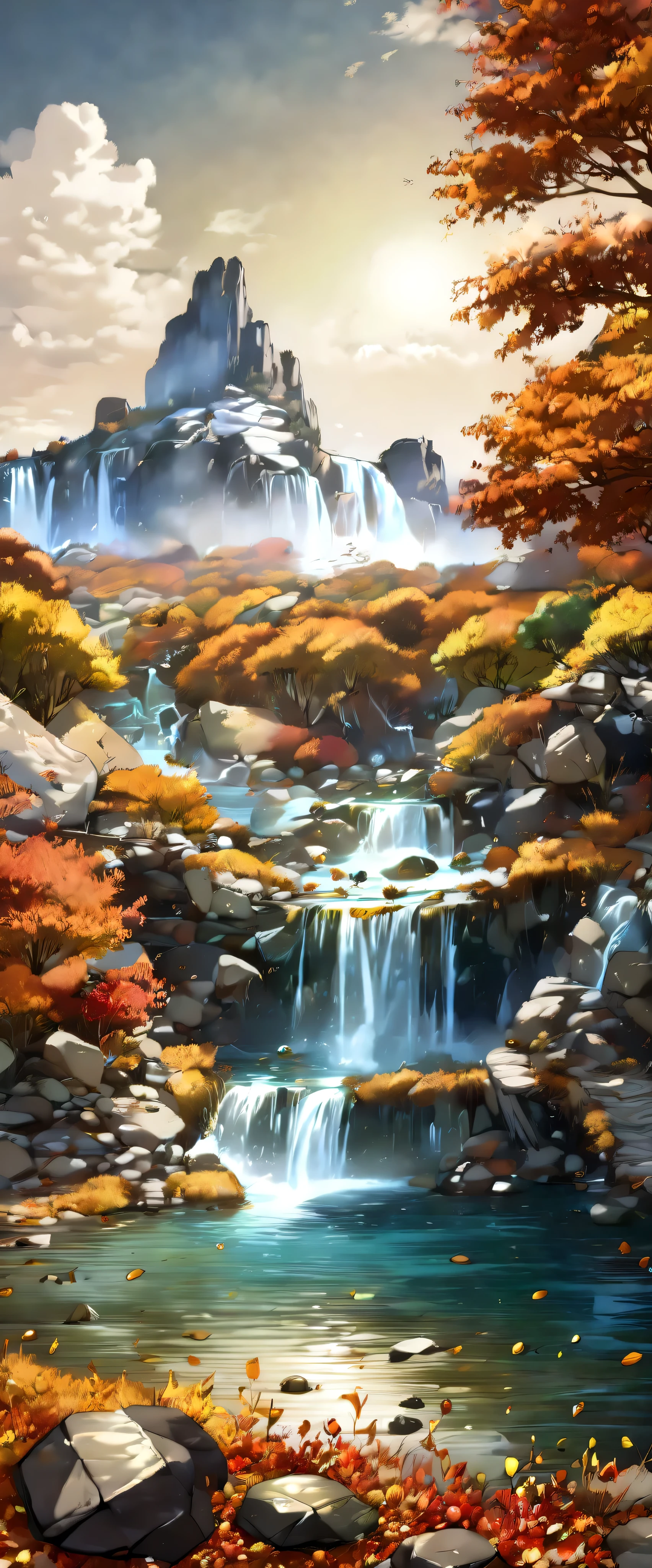 ((ultra wide angle x0 .5:1.5, fisheye camera :1.5, 360 degrees :1.5)),( Landscape with mountains , River, trees, rock,  waterfall , autumn, autumn colors:1.5), (( Imaginative scene  )), ((   very detailed: 1.4), ((  masterpiece  )), (  Hyper-detailed and beautiful: 1.3), ( photorealistic : 1.4), 32K.