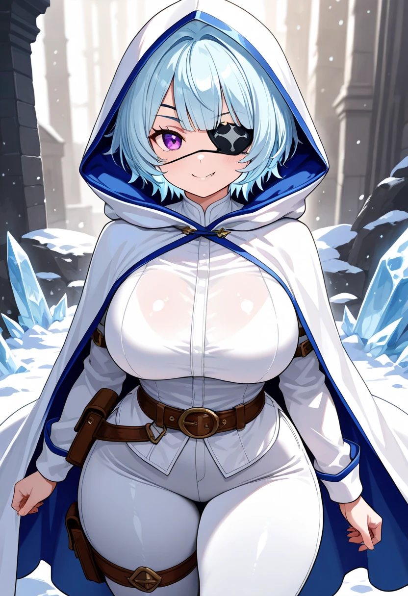 1girl, large breasts, light blue hair, purple eyes, one eye covered, eyepatch, ((eyepatch)), short hair, smile, light smile, cloak, white cloak, white hood, belt, white pants, white clothes, hood up, pants, ((pants)), hourglass figure,