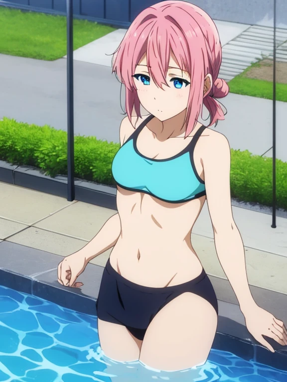 best quality, ultra-detailed masterpiece, nino nakano, large breasts, blush, smile, bikini swimsuit, pantyhose, open arms