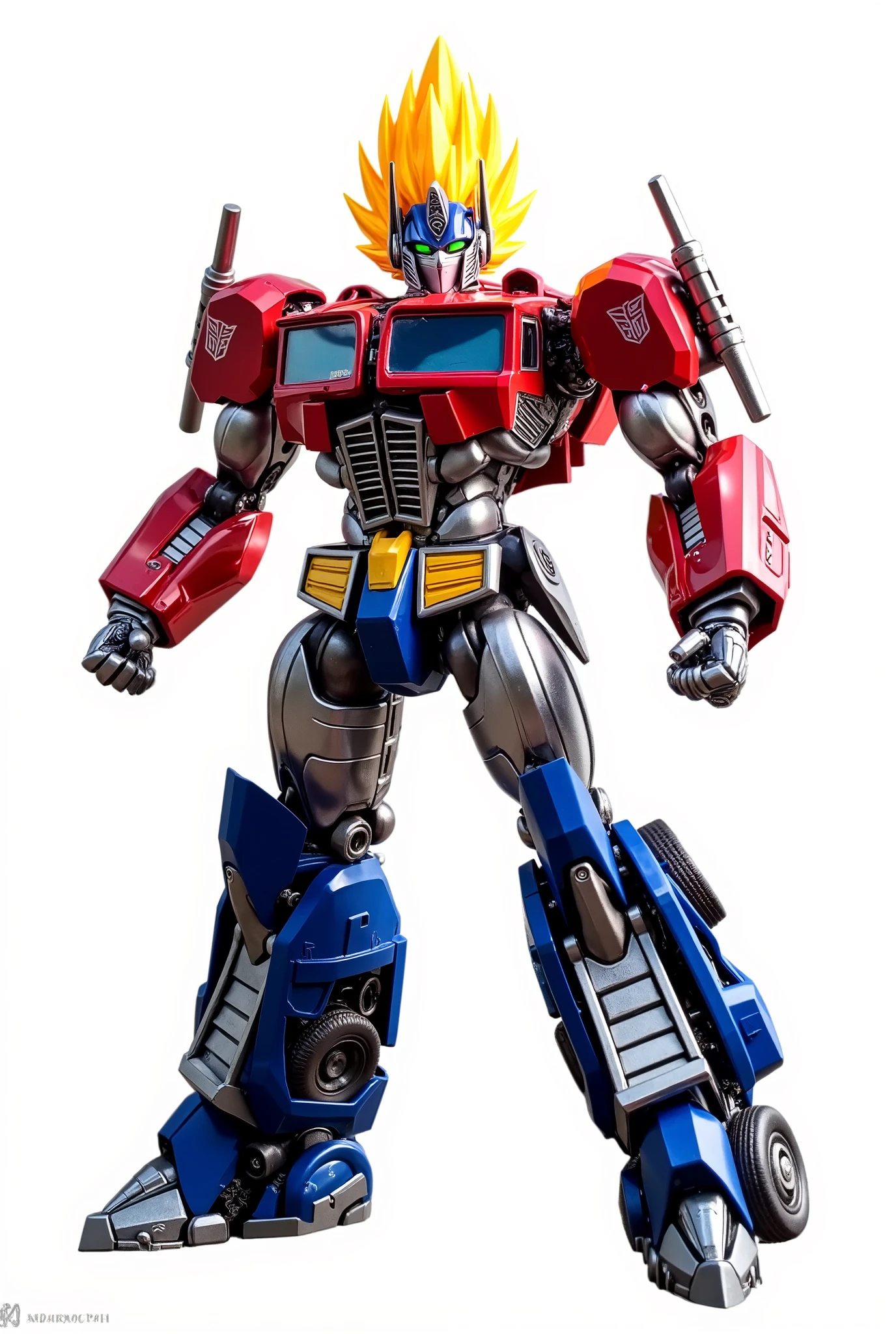 Optimus Prime as a Super Saiyan, with yellow hair and green eyes, hyperrealistic, 8K, masterpiece, realistic, professional, highly detailed, sharp focus, vivid colors, dramatic lighting, powerful, dynamic pose, intricate mechanical details, glowing energy aura, photorealistic, cinematic composition