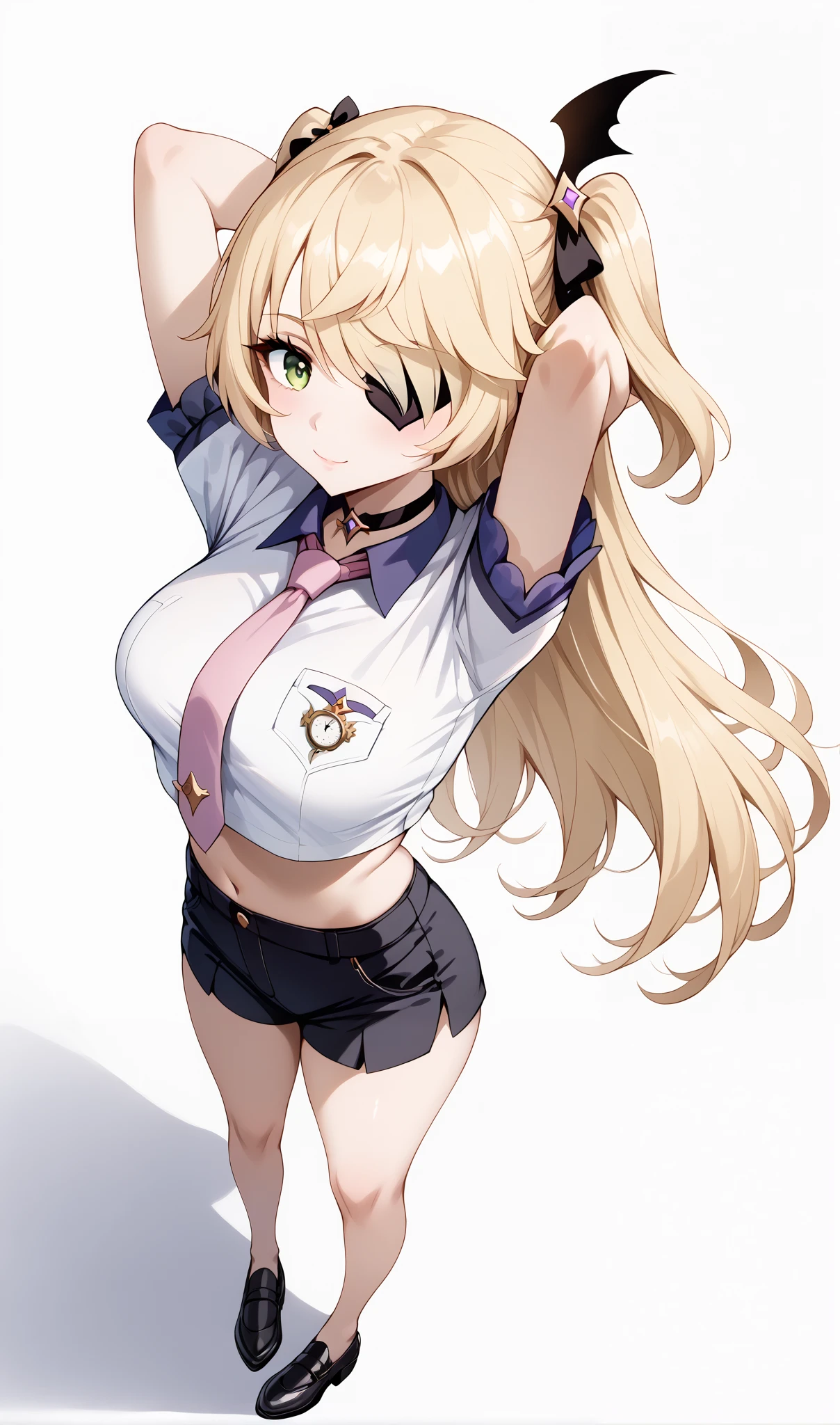 score_9, score_8_up, score_7_up, source_anime, 4K,perfect fingers,(perfect hands, perfect anatomy),prefect lighting, very aesthetic, intricate details,highly detailed background, masterpiece, high quality, best quality,
1girl,solo, fischl, fischl, long hair, bangs, blonde hair, ribbon, green eyes, hair ribbon, hair over one eye, two side up, eyepatch, large breasts,,
wearing ((choker,black choker,necktie,pink necktie, shirt,white shirt, collared shirt, crop top,crop top overhang, pocket watch, midriff, )),,
looking at the spectator, filed, (arms behind head:1.5), high thigh individual , (large breasts:0.9),Stand up,((fullbody:1.5)),((White plain background:1.5)) ,smile,((top view:1.5)),leaning forward:1.3,looking at viewer,focos on ass,