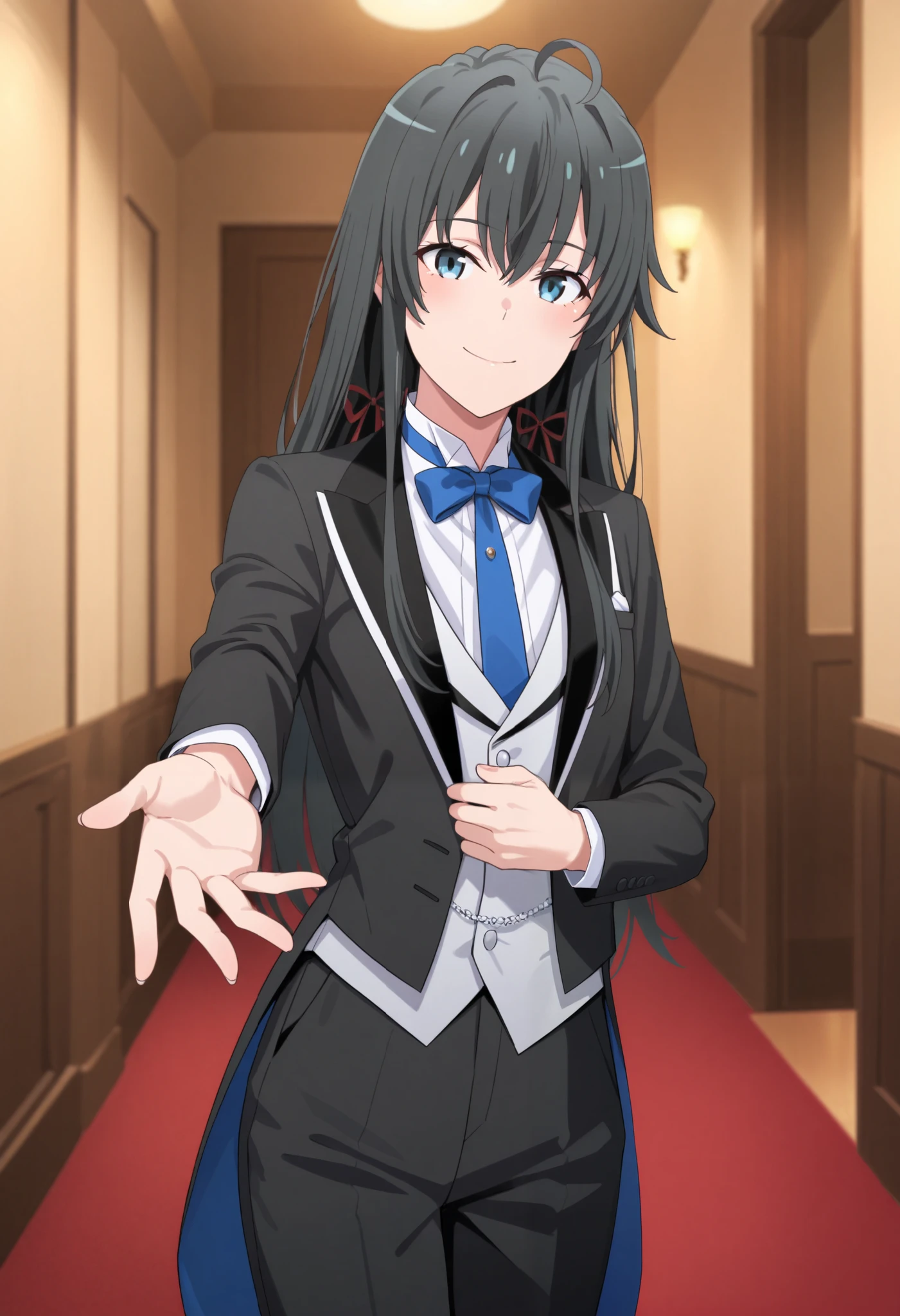 score_9, score_8_up, score_7_up, score_6_up, score_5_up, score_4_up1girl, solo, yukinoshita yukino,, suit tuxedo , , long hair, bangs, sidelocks, indoors, standing,happy,smile,looking at viewer, cowboy shot, blue tie woman in formal attractive suit tuxedo tailcoat standing in a large alcove in the room, , reaching towards viewer , one hand , badass , hand on back