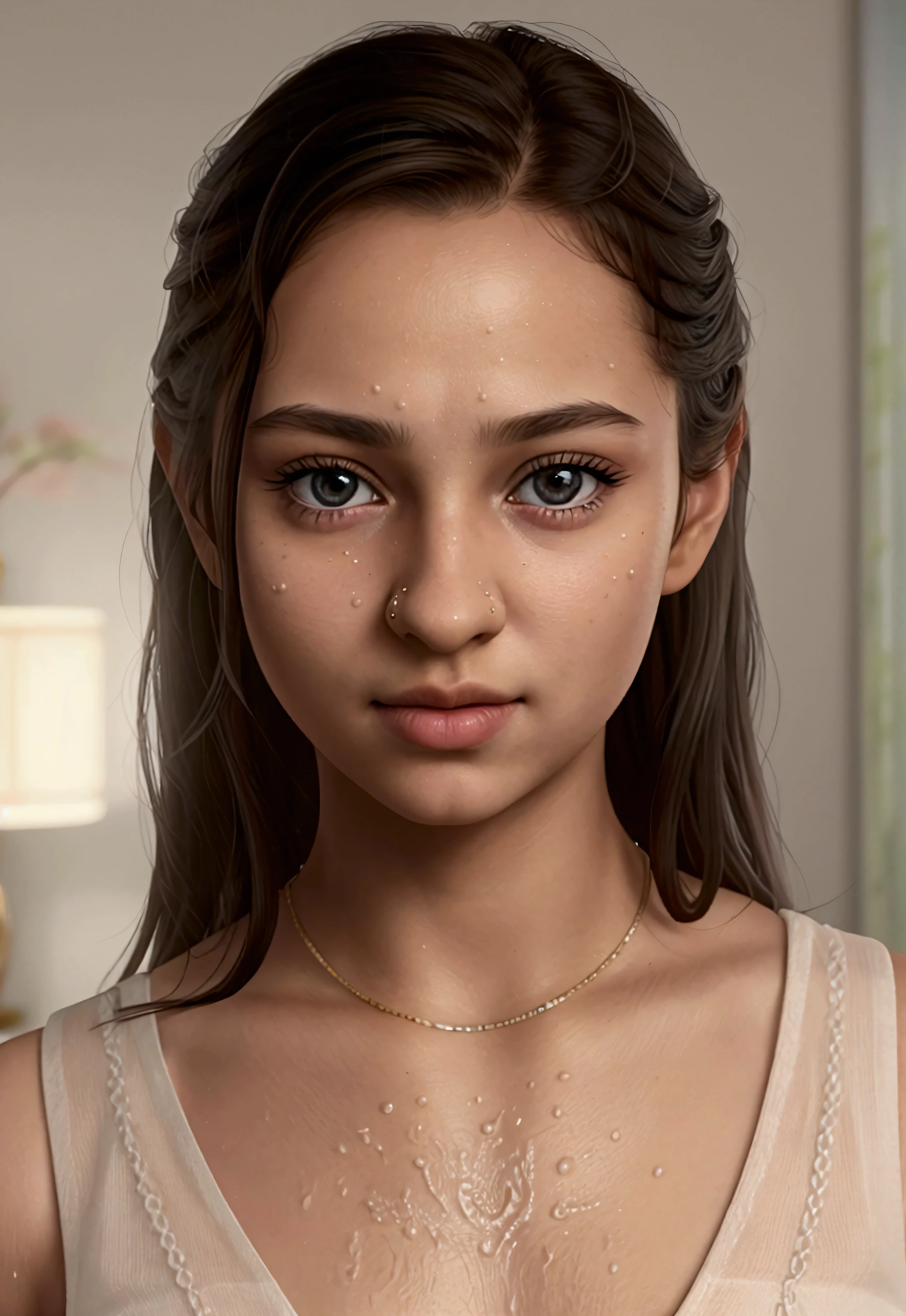  a small 18-year-old guava humanoid girl,( best quality,4K,8k, highres, masterpiece :1.2), Ultra-detailed,(realistic,photorealistic,photo-realistic:1.37), detailed eyes , detailed lips , extremely detailed face,long eyelashes,until,vibrant color, beautiful breasts, Room,Open lingerie ,wet