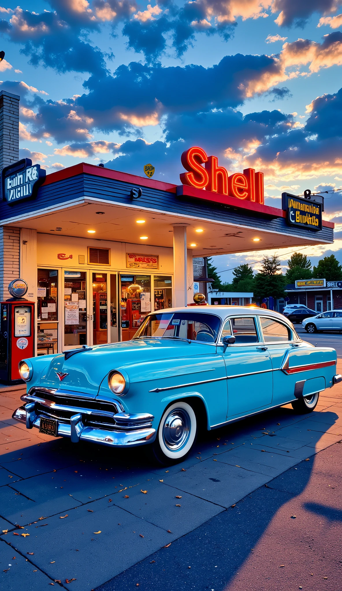 a vintage car, likely from the 1950s, parked in front of a retro gas station.
Details:
Car:
The car is a light blue color with white accents and whitewall tires. It's a classic sedan with rounded features, a large front grill, and chrome bumpers.
Gas Station:
The gas station is painted white with a red roof. It has a vintage "Shell" sign, as well as a sign that says "Early." There's a visible vintage gas pump in front of the station.
Setting:
The photo appears to be taken in the evening, with a warm glow cast over the scene. The sky is a mix of blue and orange hues.