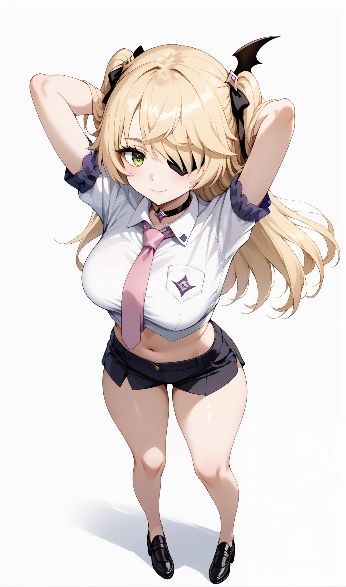 score_9, score_8_up, score_7_up, source_anime, 4K,perfect fingers,(perfect hands, perfect anatomy),prefect lighting, very aesthetic, intricate details,highly detailed background, masterpiece, high quality, best quality,
1girl,solo, fischl, fischl, long hair, bangs, blonde hair, ribbon, green eyes, hair ribbon, hair over one eye, two side up, eyepatch, large breasts,,
wearing ((choker,black choker,necktie,pink necktie,  shirt,white shirt, collared shirt,  crop top,crop top overhang, pocket watch, midriff, navel,    )),,
looking at the spectator, filed, (arms behind head:1.5), high thigh individual , (large breasts:0.9),Stand up,((fullbody:1.5)),((White plain background:1.5)) ,smile,((top view:1.5)),leaning forward:1.3,looking at viewer,focos on ass,
