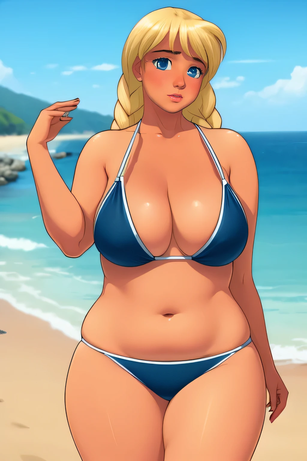 Dragon sphere, Android 18, 1 garota, ((boba))), cabelo loiro curto, olhos azuis, swollen lips, painted lips, thick lips, quadris largos, coxas grossas, enorme peito falso redondo, enorme bunda redonda de Bella bellz, pele brilhante, High waist bikini, mamilos
