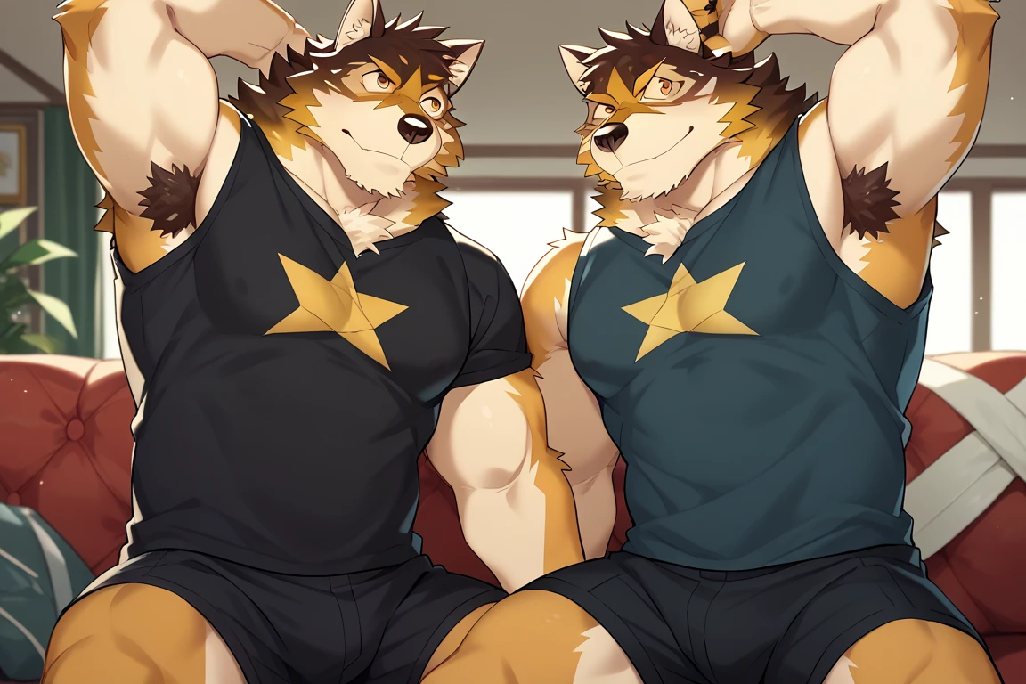 Furry, anthropomorphic wolf, orange fur, red hair, mohawk hairstyle, red eyes, 6'7 and 233, 50" Chest, 21" Shoulders, 17" Biceps, 36" Waist, 25" thighs, 17" calves, 20" back, shirtless, wearing black leather sleeveless vest, wearing white t-shirt with sleeves ripped off, V-neck t-shirt, wearing black leather pants, wearing black leather boots, wearing black bandana with yellow four pointed star on it, wearing red boxing gloves 