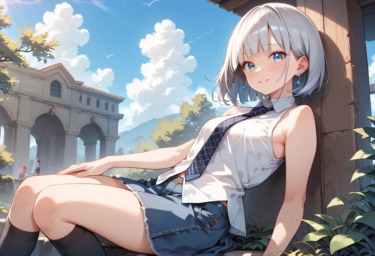 (masterpiece, best quality), intricate details,
1girl, <lora:shirogane_noel_v1:0.8> shirogane noel, silver hair, short hair, x hair ornament, green eyes,
<lora:GTS:0.8> GTS, sitting on building, outdoors, buildingseat, looming,