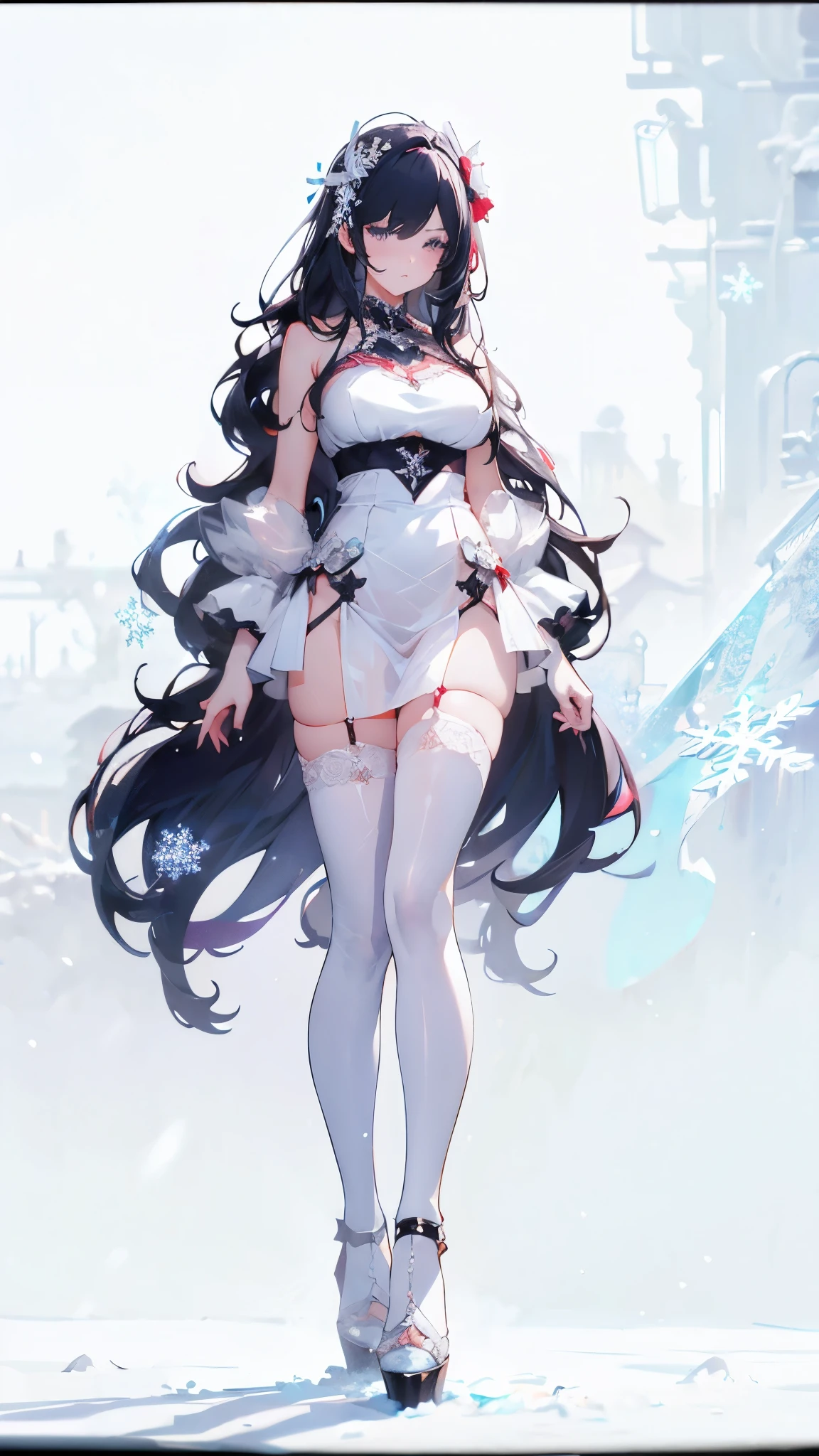 ((masterpiece, best quality)), Epic battlefield atmosphere，Delicate face，Snow Woman，winter，Snow Mountain，whole body，Standing picture，glowing white eyes，Large Breasts，Perfect body proportions，Pure white background，firefly，Snow，snowflake，Edelweiss，Lace，Transparent sex bikini