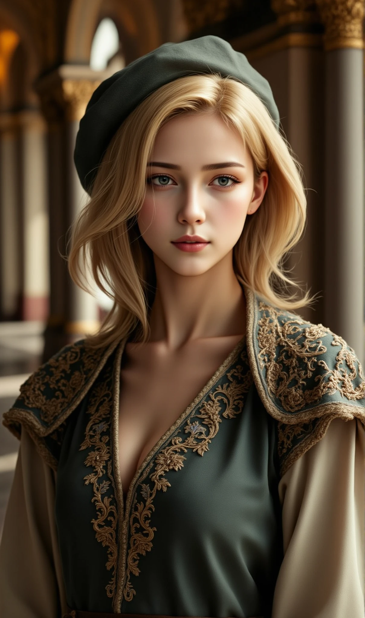 Blond woman in green dress and hat posing for a picture - SeaArt AI