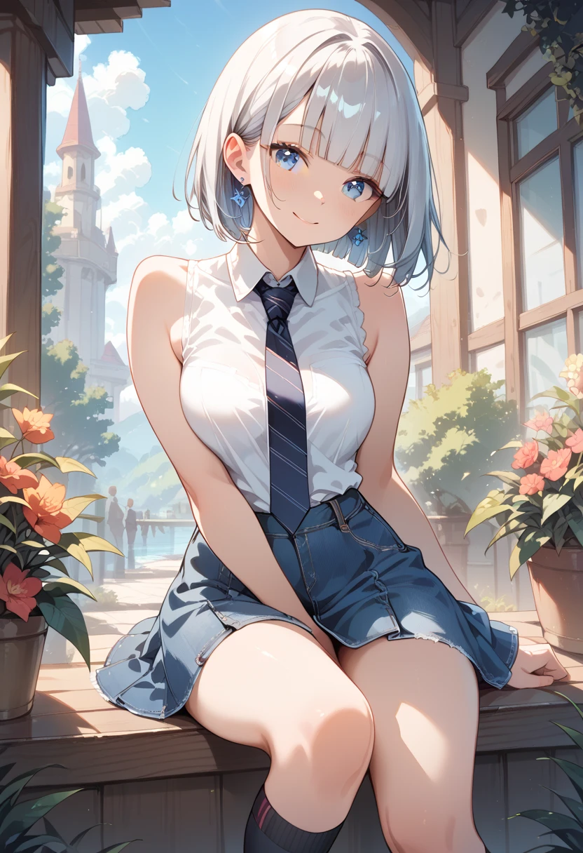 ((best quality)), ((highly detailed)), masterpiece, absurdres, (detailed eyes, deep eyes), (1girl), upper body, albino, white hair, short hair, red eyes, <lora:whiteeyelash:1.5>, eyelashes, very pale skin, <lora:skinnyv2:1>, skinny, (long legs), long arms, (outside, on a big bridge, afternoon), <lora:nostal_gi:.9>, nostal_gi