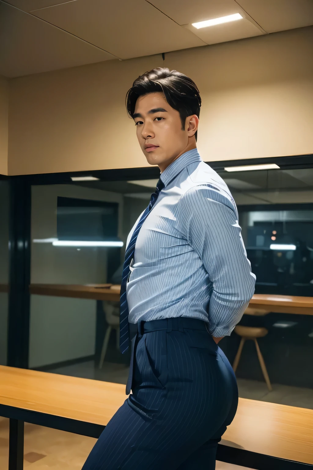 40-year-old boy ,Korean bulky male officer ,Wear navy blue police uniform shirt................ pinstripe navy blue smooth tight trouser, transparent pants obvious underwear print ,((unrealistic super big tight butt wearing pants)), legs wide open, legs on shoulder, missionary POV, men drooling ,8K,Cinematic lighting effects，Textured skin，best qualtiy