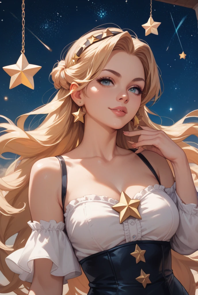 A blonde-haired woman with stars for pupils, sexly