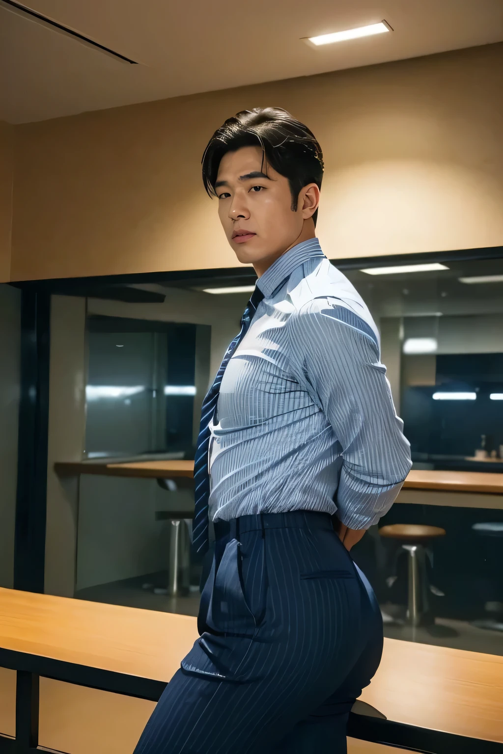 40-year-old boy ,Korean bulky male officer ,Wear navy blue police uniform shirt................ pinstripe navy blue smooth tight trouser, transparent pants obvious underwear print ,((unrealistic super big tight butt wearing pants)), legs wide open, legs on shoulder, missionary POV, men drooling ,8K,Cinematic lighting effects,Textured skin,best qualtiy