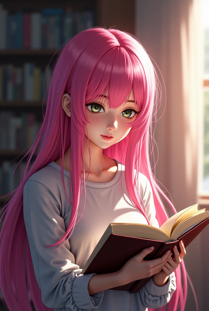 (best quality:1.4),(shiny skin), body focus, (cute face), (((best quality))), illustration, ((Beautiful Finger)), , Beautiful body, Beautiful character design, ,perfect lighting, Colorful, Bright_Front_face_Lighting, ultra high res, highres, absurdres:1.2, bokeh:1.2, lens flare, (vibrant_color:1.2), (Beautiful, medium breasts:1.2), (thick thighs:1.1), THICK,
holding green folder or book, small nose, long black hair with pink hair clip, nue , looking sideways, pink blush on cheeks, large blue eyes, white left eye with black pupil visible ,tétons