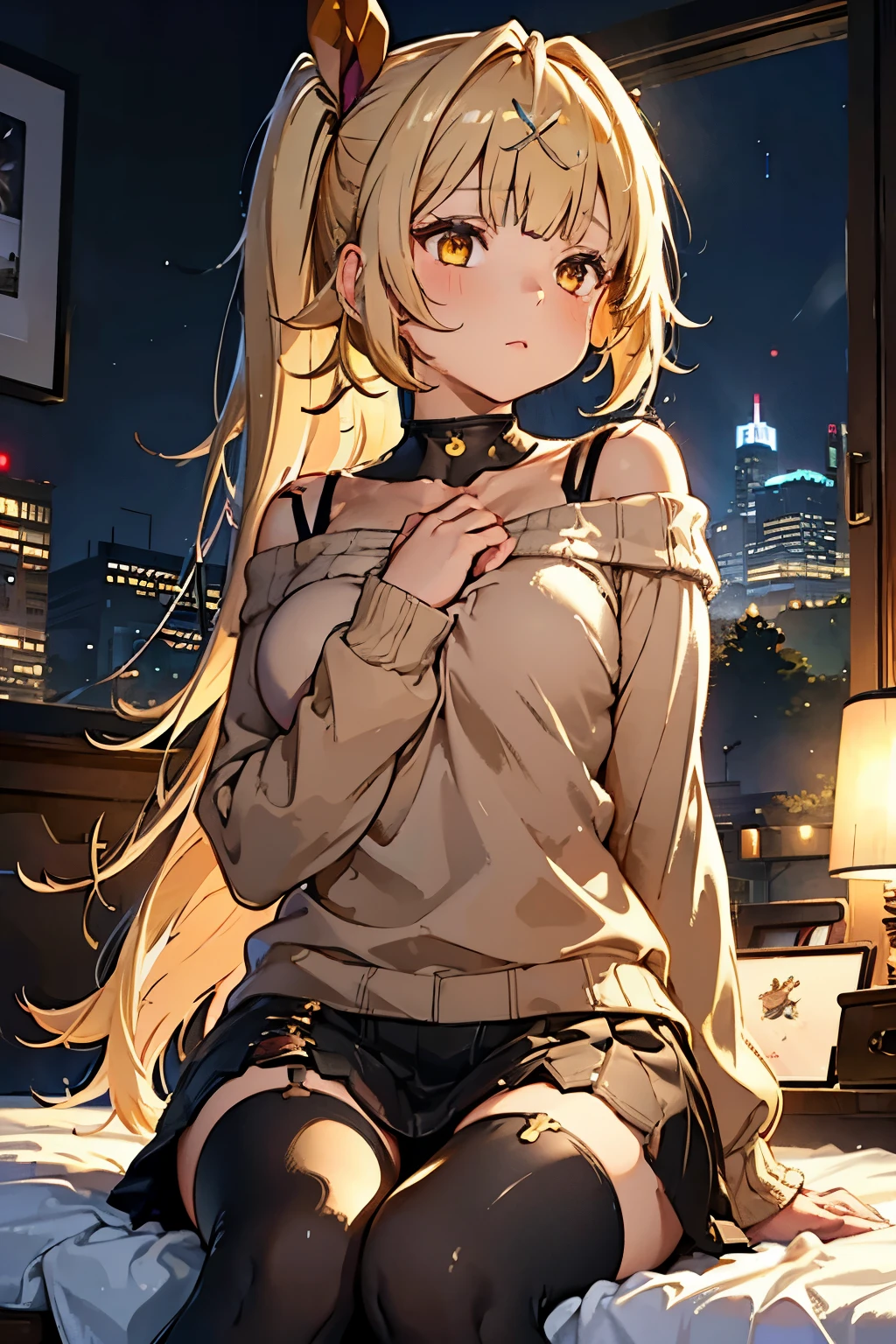 A girl is putting her hand on her chest,Masterpiece, best quality , high resolution, HS1, Red Eyes, yellow eyes, side ponytail on bedding, X Hair Accessories, shoulder sweater, Black short skirt, tights, hair ribbon, Cowboy Shooting , night city,Sitting