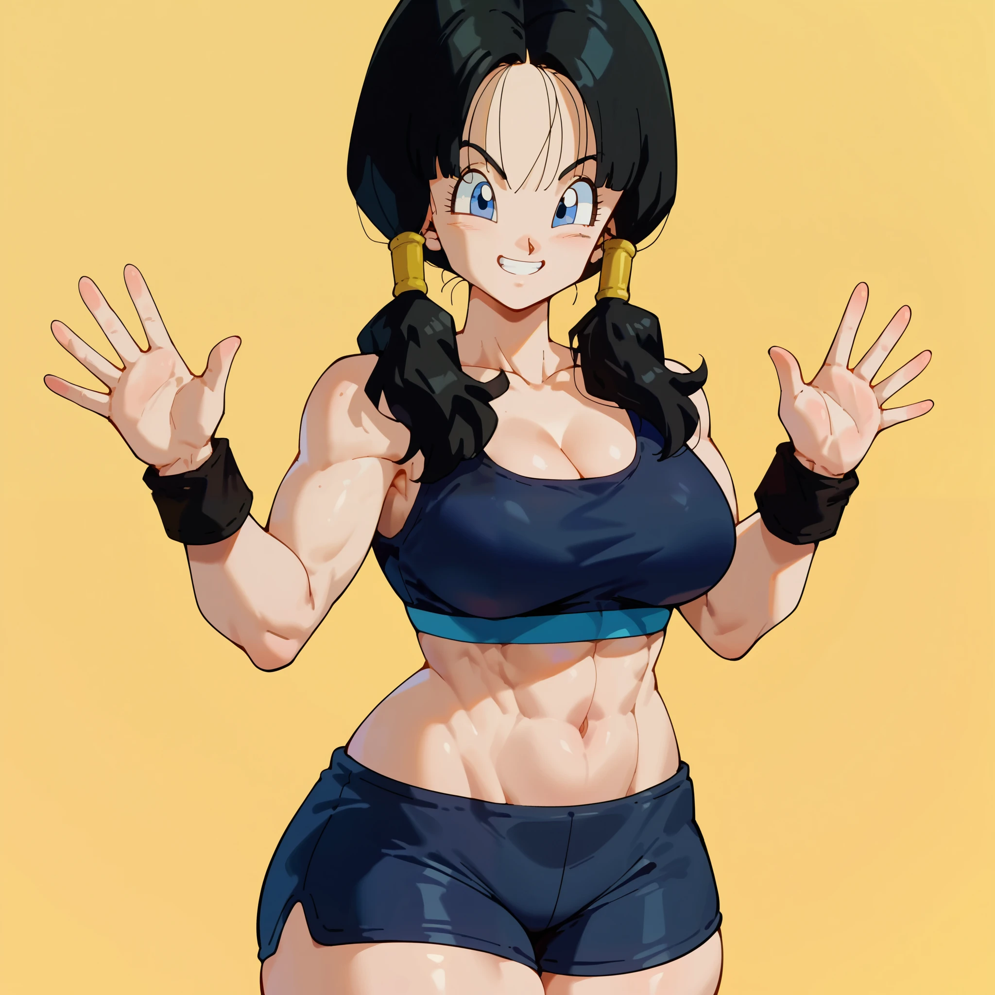 1girl, solo, videl, black hair, blue eyes, low twintails, hair tubes, big breasts, wide hips, thick thighs, black sports bra, black biker shorts, smile, waving hand, standing, looking at viewer, simple background, from the front view