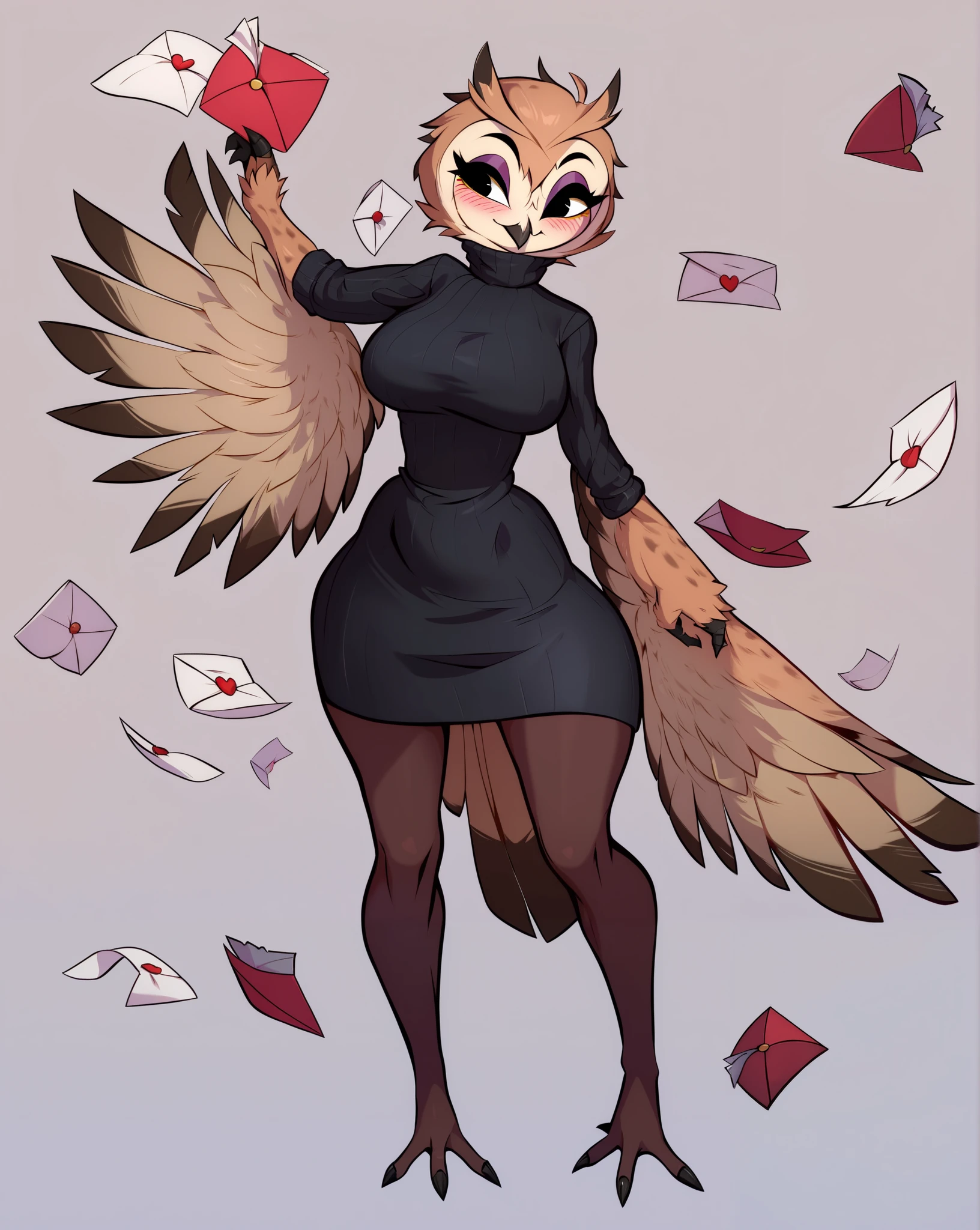 1woman, emo, Hair emo , ((owl)), ((feathers)), black eyes, big breasts, wide hips , ((brazos alados)), owl wings, owl tail, black ribbed sweater, black flick, black pantyhose dress, blush, smile, (( standing pose)), (( full body)), ((Alone )), (( envelopes)), (( masterpiece)), retrato, looking at the camera , from the front view , Simple background , (( not detailed )), ((anatomía perfecta)), ((detailed art)), (( High definition)), ((4k)), (( High resolution))