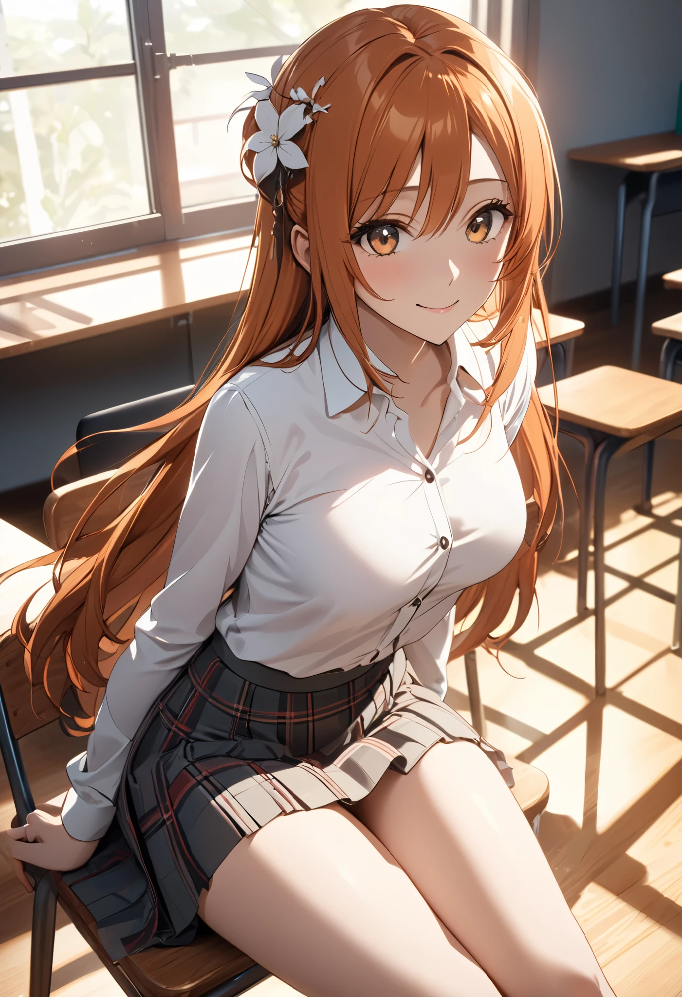 (masterpiece, best quality, highres:1.4), Orihime Inoue (BLEACH), anime style, full body, sitting gracefully on a classic wooden school chair in a classroom. She is wearing a tight white blouse with the top buttons undone, revealing a hint of her ample G-cup bust, paired with a plaid skirt that rides slightly up her thighs, exposing her smooth, fair skin. Her signature orange hair flows down her back, with her small flower-shaped hair ornament resting delicately on one side. She has a soft, alluring smile, her big expressive eyes gazing gently forward, exuding innocence with a hint of playfulness. The classroom is bathed in warm afternoon sunlight streaming through the windows, casting soft shadows and creating a cozy atmosphere. Ultra-realistic textures, vibrant colors, cinematic lighting, sharp focus, and intricate details, rendered in 8k resolution with a photorealistic anime aesthetic.