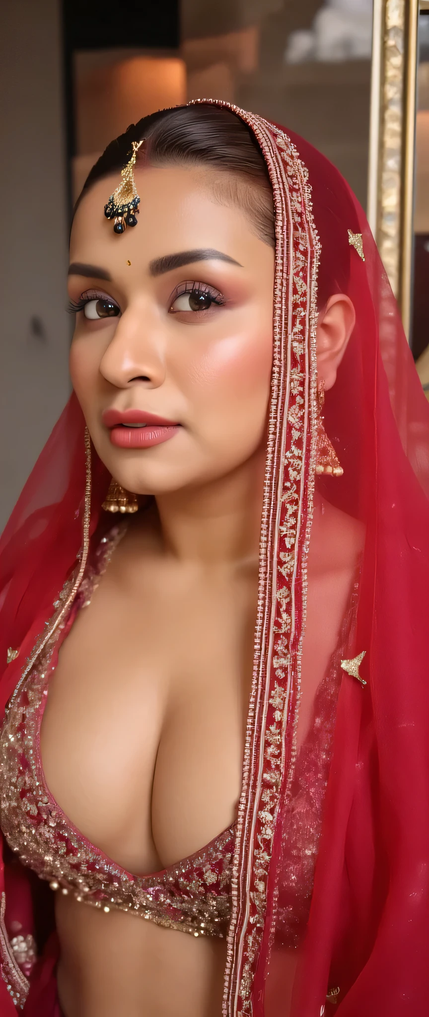 (masterpiece, best quality:1.2), ketika, 1girl, solo, stunning beauty,sexy indian, nude, body facing camera, ear ring, navel ring, wearing red bridal veil, nude, breasts visible, showing breasts,