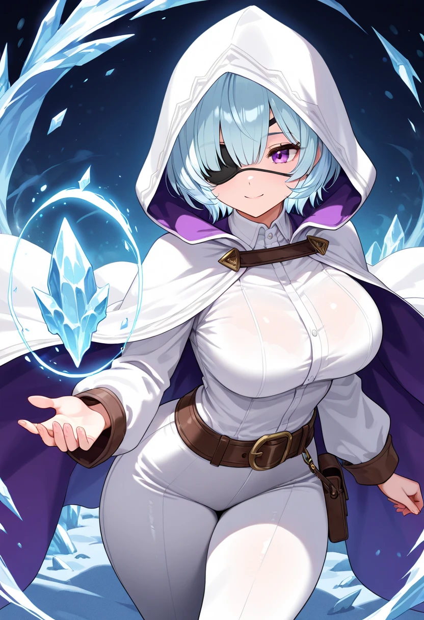 1girl, large breasts, light blue hair, purple eyes, one eye covered, eyepatch, ((eyepatch)), short hair, smile, light smile, cloak, white cloak, white hood, white cape, cape, belt, white pants, white clothes, hood up, pants, ((pants)), hourglass figure, bow /(weapon/)