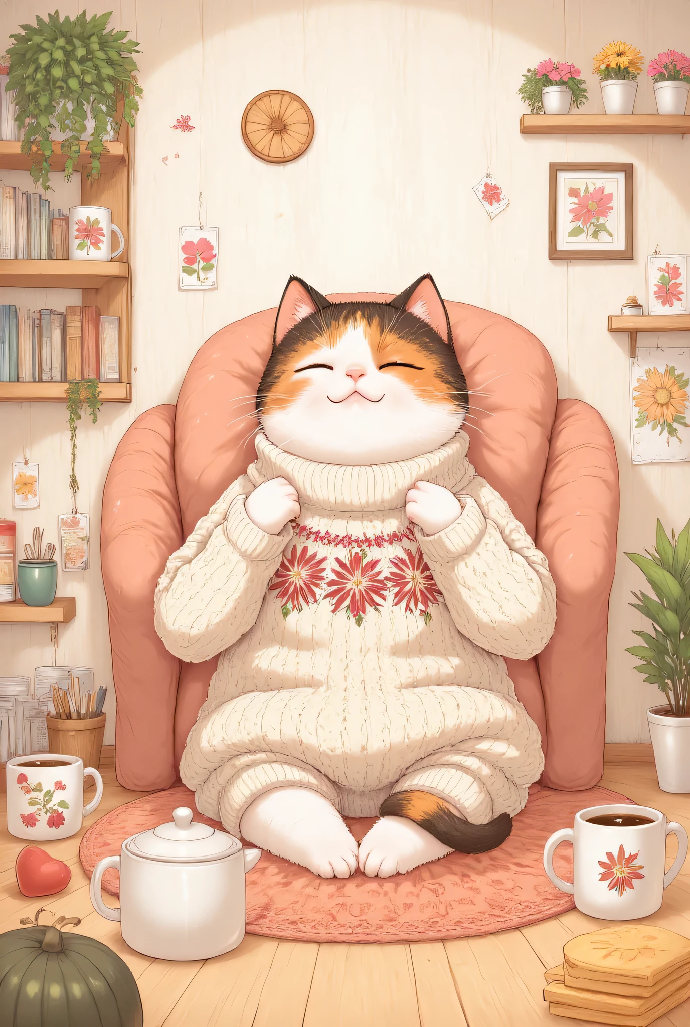An outline drawing of a cute cat in his comfy tiny home, he's drinking coffee and is wearing a cute embroidered wool sweater