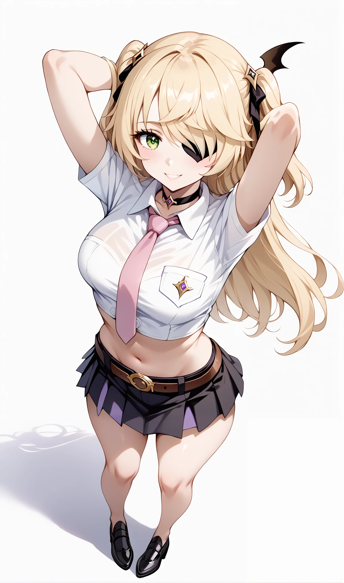 score_9, score_8_up, score_7_up, source_anime, 4K,perfect fingers,(perfect hands, perfect anatomy),prefect lighting, very aesthetic, intricate details,highly detailed background, masterpiece, high quality, best quality,
1girl,solo, fischl, fischl, long hair, bangs, blonde hair, ribbon, green eyes, hair ribbon, hair over one eye, two side up, eyepatch, large breasts,,
wearing ((choker,black choker,necktie,pink necktie, shirt,white shirt, collared shirt, crop top,crop top overhang, pocket watch, midriff, navel,belt,skirt, miniskirt, )),,
looking at the spectator, filed, (arms behind head:1.5), high thigh individual , (large breasts:0.9),Stand up,((fullbody:1.5)),((White plain background:1.5)) ,smile,((top view:1.5)),leaning forward:1.3,looking at viewer,focos on ass,