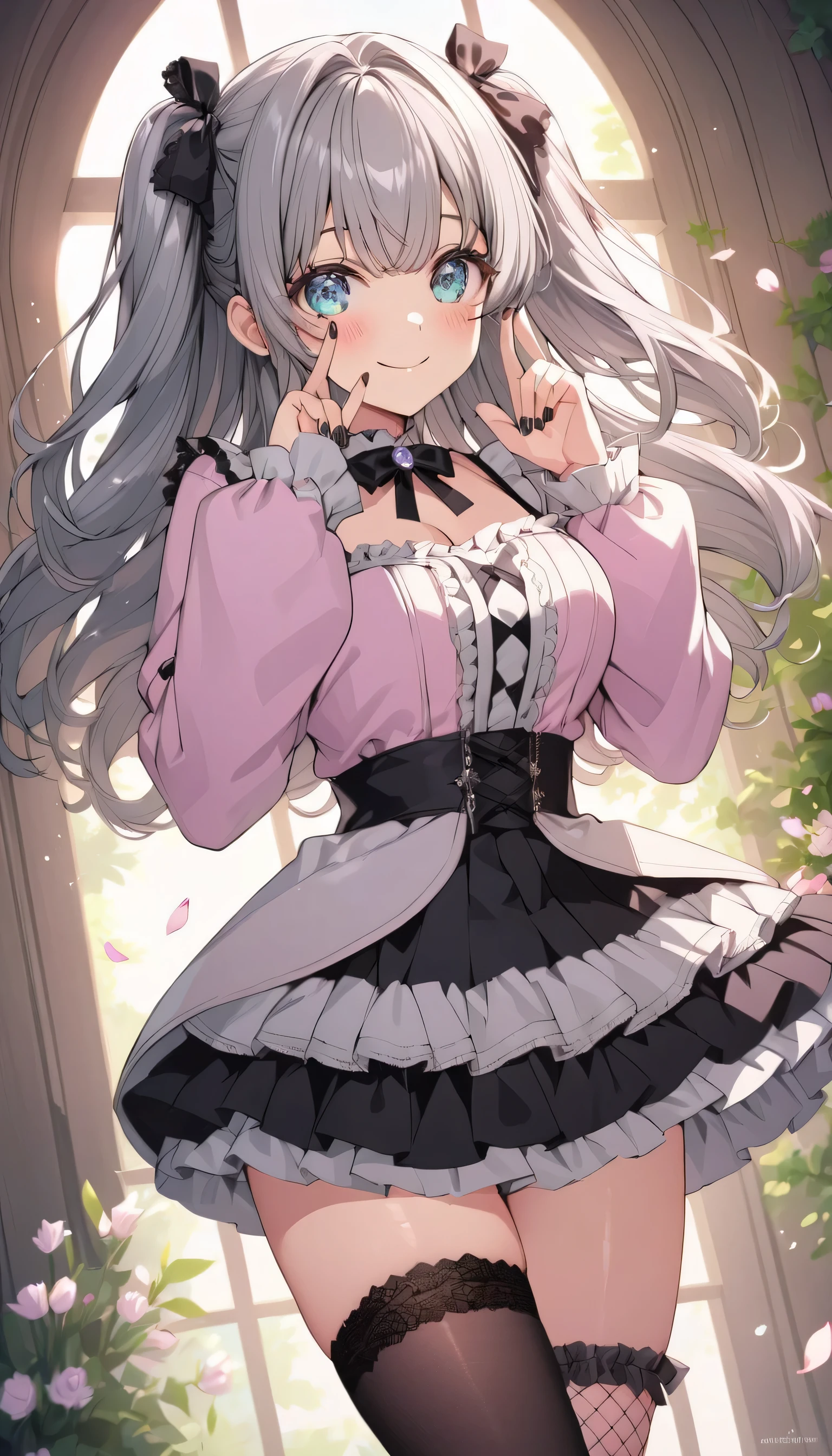 ((ultra-detailed)), (highly detailed CG illustration), (best quality:1.2), ultra-highly detailed, colorful composition, artistic photoshoot, 1girl, solo focus, ((thigh to top:1.4)), ((cowboy shot:1.4)), moe anime character, girl, dainty facial structure, (bab(round face), ((rounded chin:1.2)), ((ideal ratio body proportions)), celia-default, celia claire, (blue eyes), sparkle eyes, silver hair color, two side up, (black hair ribbon), ample breasts, thighhighs, skirt, black nails, frills, clothing, cutout, fishnets, black skirt, black thighhighs, fishnet thighhighs, cleavage cutout, jirai kei, black footwear, nail art, white collar, single thighhigh, shoes, asymmetrical legwear, pink shirt, petals glowing and fluttering, best quality, masterpiece, standing by the victorian garden with flowers, beautiful detailed sky, dynamic pose, from front, expecting, pink cheek, blush, light pink gloss slip, portrait, depth of field, soft lighting, sidelighting, (shine), lighting, caustics, ray tracing, smile, perfect face, lustrous skin, highly detailed face, highly detailed eyes, perfect face, perfect nose, perfect hair, perfect eyes, perfect anatomy, beautiful hair, beautiful small face, extremely detailed face, beautiful detailed eyes, beautiful clavicle, beautiful body, beautiful huge breasts, leavage, breasts squeezed together, equalize the size of the left and right breasts, beautiful thin thighs, beautiful legs, beautiful fingers, 4 fingers, 1 thumb, lovely, (very detailed background:1.0), (highly detailed background:1.0), spring aesthetic, intricate details, joyful atmosphere, spring colors palette, chromatic aberration