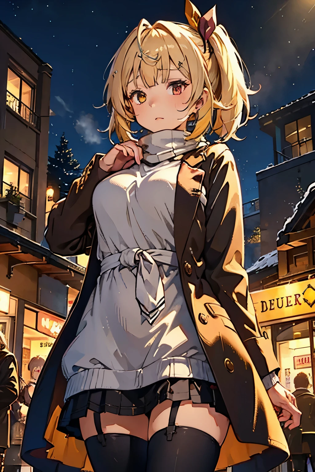 A girl is putting her hand on her chest,Masterpiece,  best quality ,  high resolution, HS1,  Red Eyes,  yellow eyes,  side ponytail on bedding,  X Hair Accessories, brown winter coat,  muffler , Black short skirt, tights,  hair ribbon,  Cowboy Shooting ,station,Standing,  in front of the store