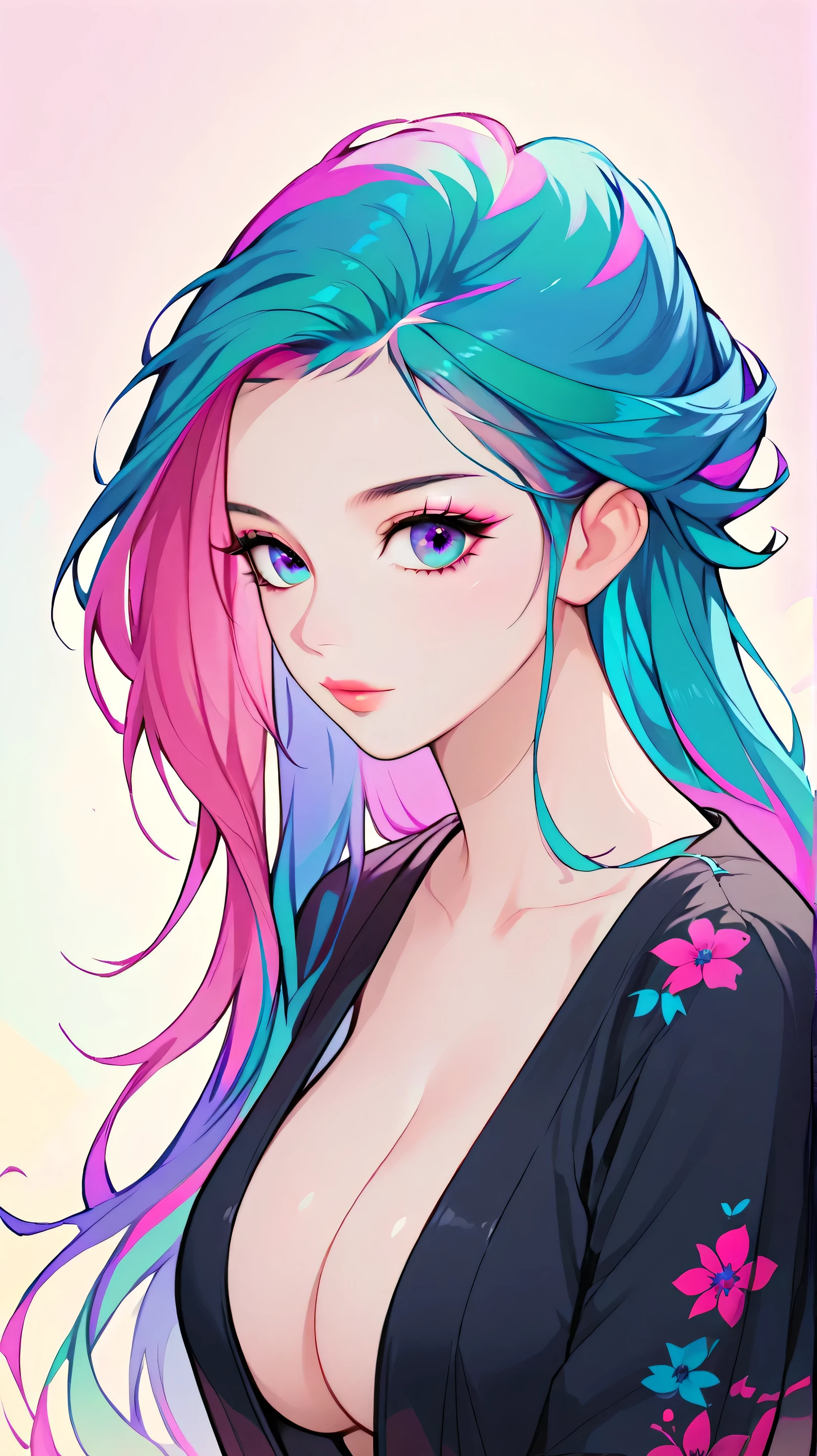 Expressionist artwork image of a young korean goth girl, long flowing teal hair, colorful, color splash, neon colors, huge breasts, cleavage, plunging neckline, clean background, colorful background, pink background, teal background, colorful wallpaper, floral, portrait,