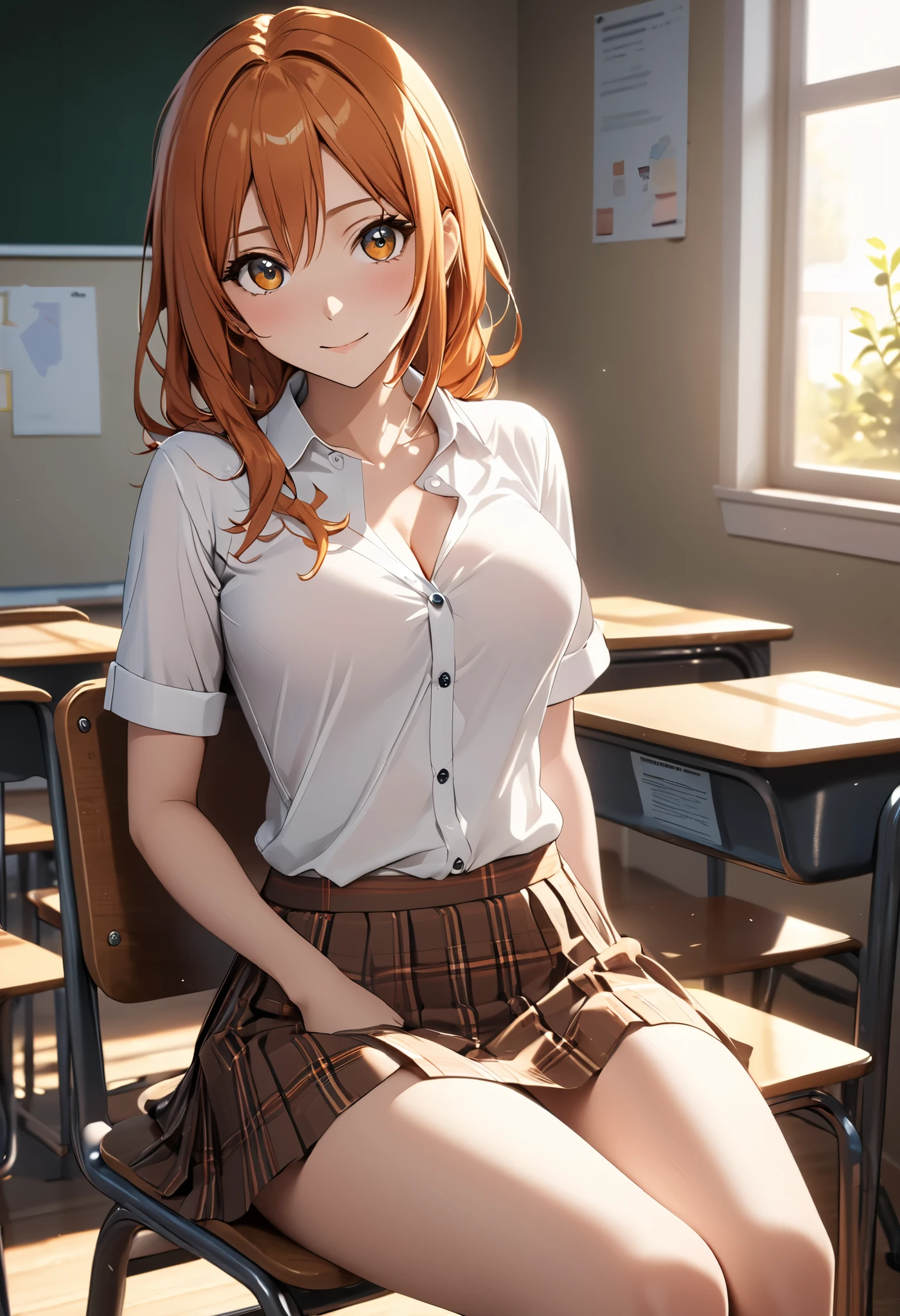 (masterpiece, best quality, high resolution: 1.4), Orihime Inoue (BLEACH), anime style, full body, sitting gracefully on a classic wooden school chair in a classroom. She is wearing a tight white blouse with the top buttons undone, revealing a hint of her ample breasts, paired with a plaid skirt that slightly rises up her thighs, exposing her smooth, fair skin with fascinating curves. Her signature orange hair falls down her back, with her small flower-shaped hair ornament resting delicately on one side. She has a soft, seductive smile, her large expressive eyes looking gently straight ahead, exuding innocence with a hint of playfulness. The classroom is bathed in warm afternoon light streaming in through the windows, casting soft shadows and creating a cozy atmosphere. Ultra-realistic textures, vibrant cores, luminous lighting, sharp focus and intricate details, rendered in 8k resolution with a photorealistic anime aesthetic.