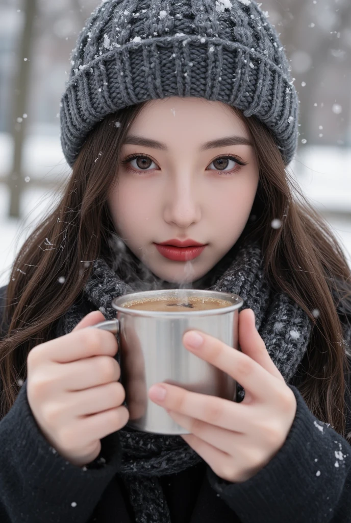 Close-up of a woman with a knit hat and scarf covering her face in the falling snow, with a few snowflakes adhering to her face.Her red lips contrast strikingly with the whiteness of the snow.She holds a portable mug filled with a hot drink in both hands, its steam slightly visible.Her gaze gazes into the distance, evoking the stillness of winter.The overall composition is in cold colors, with the coldness of the snow contrasting with the warmth of the hot drink.