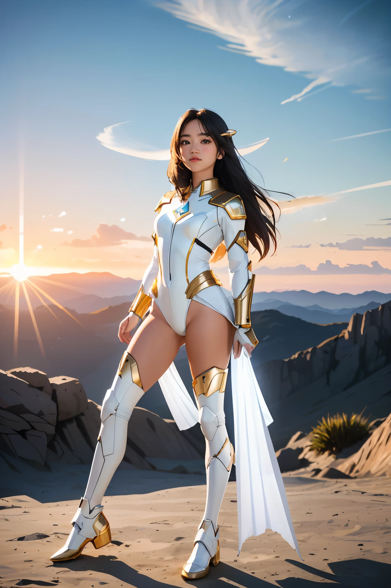 ((masterpiece, best quality, extremely detailed), volumetric lighting, ambient occlusion, colorful, glowing),
1girl, solo, young girl, (dark hair), long hair, halo, aura, sacred, goddess, cleric suit, (white outfit with gold detailst:1.3), armor,
outdoors, sunset, sky, clouds, space, (fantasy theme:1.2),ม 1girl, full body, Illustration, cinematic light, high resolution, best quality, ultra-detailed, masterpiece, power suit, powerranger, suit, spd,