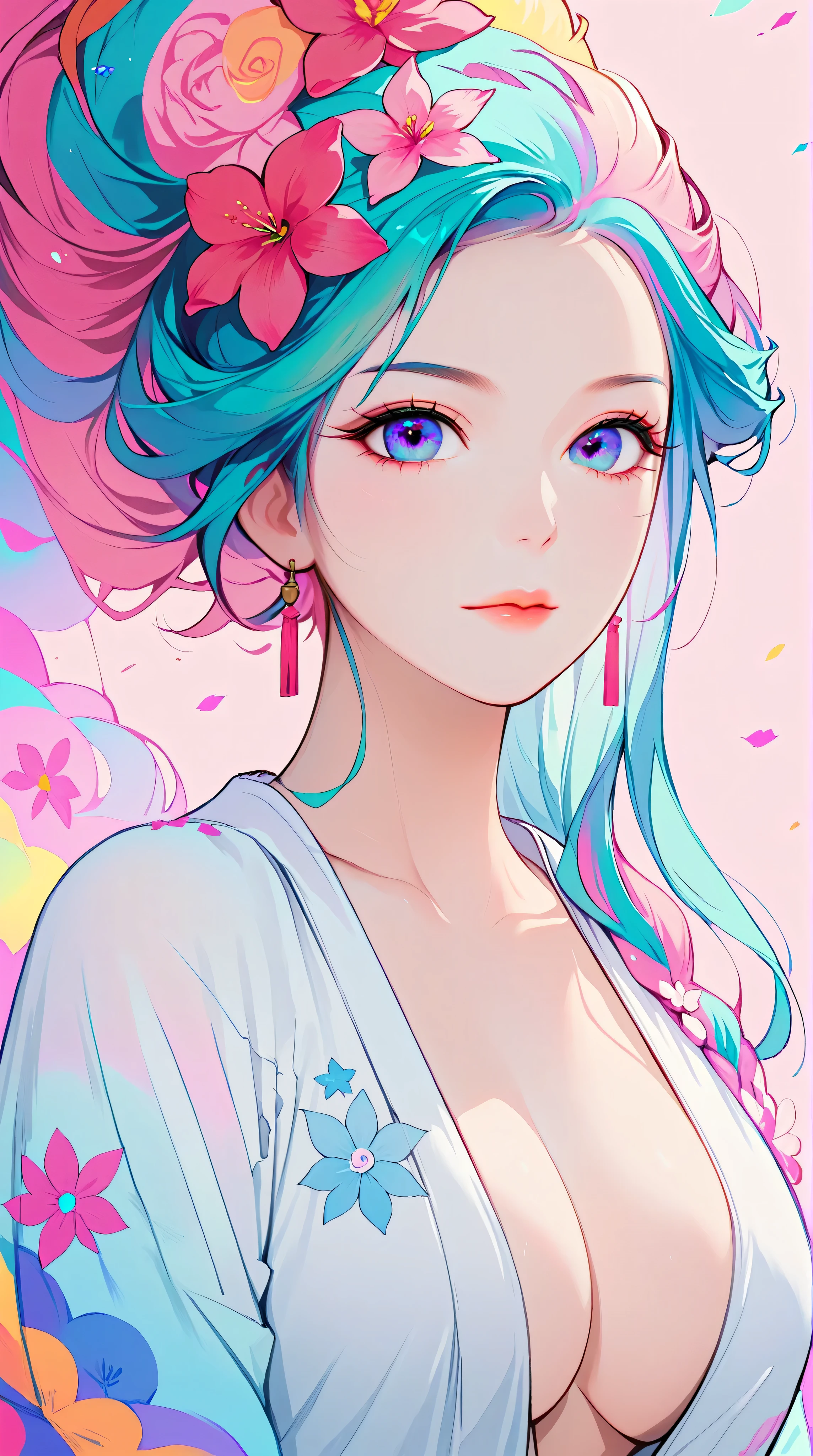 Expressionist artwork image of a young korean girl, long flowing teal hair, colorful, color splash, neon colors, huge breasts, cleavage, plunging neckline, clean background, colorful background, pink background, teal background, colorful wallpaper, floral, portrait,