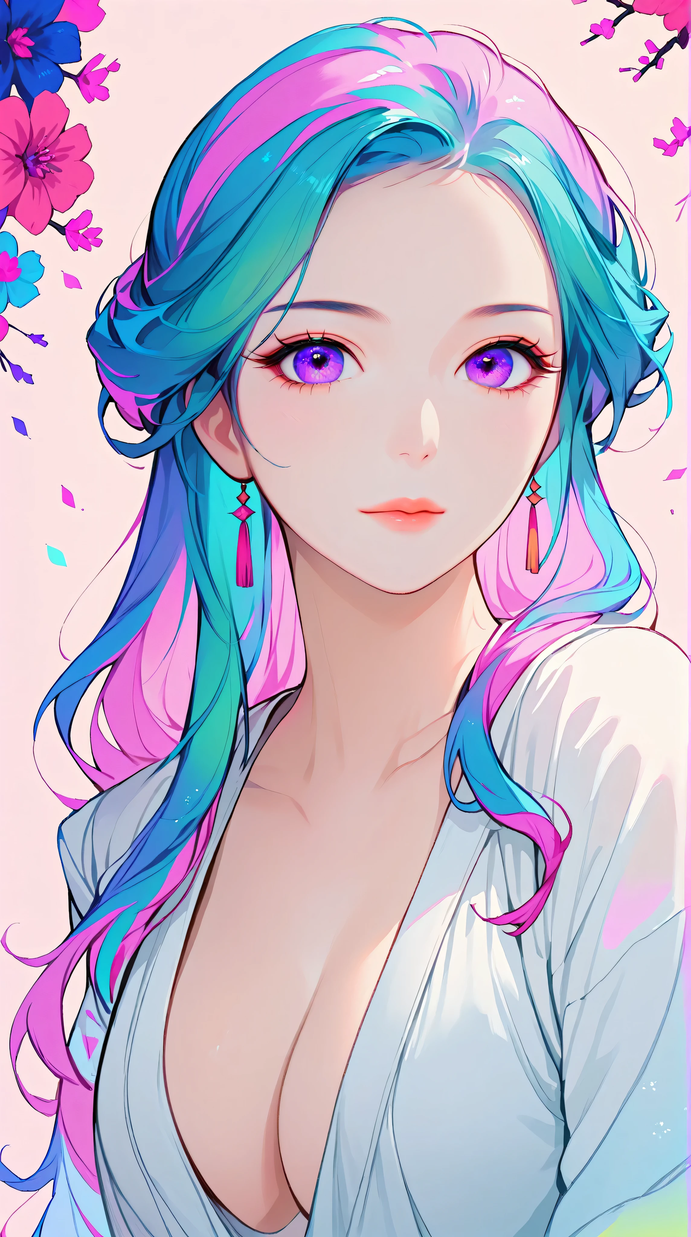 Expressionist artwork image of a young korean girl, long flowing teal hair, colorful, color splash, neon colors, huge breasts, cleavage, plunging neckline, clean background, colorful background, pink background, teal background, colorful wallpaper, floral, portrait,