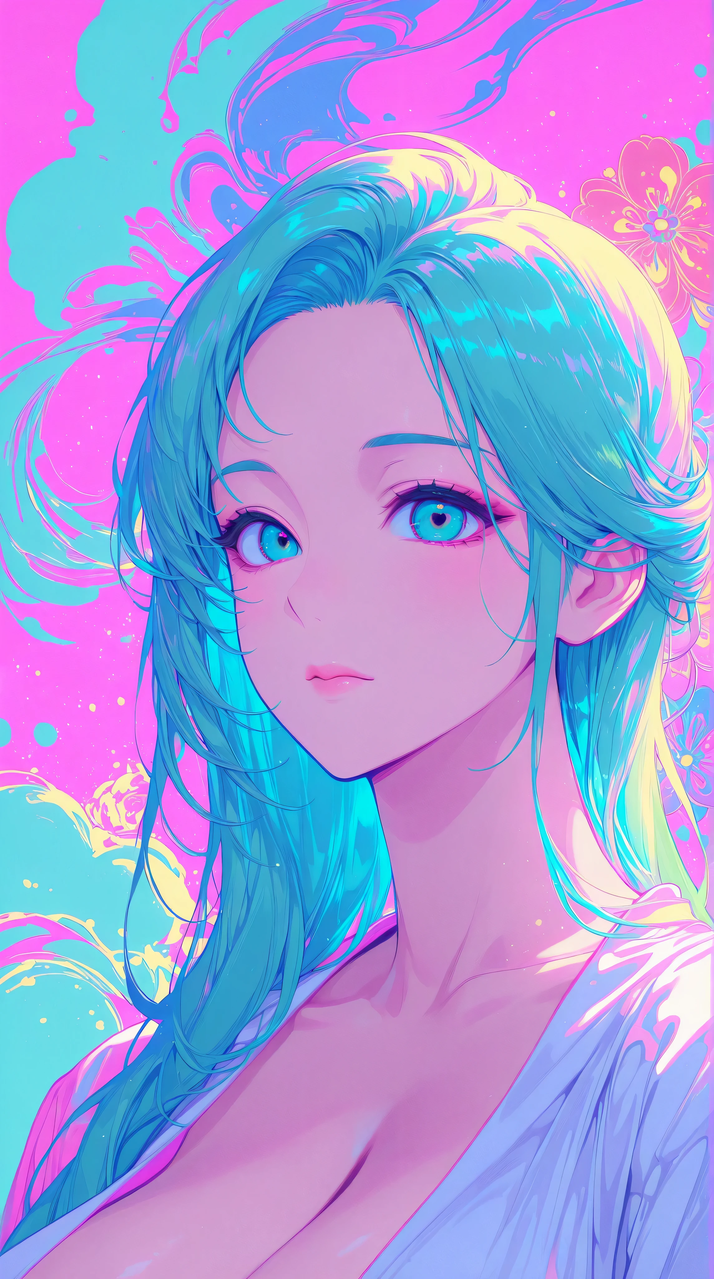 Expressionist artwork image of a young korean girl, long flowing teal hair, colorful, color splash, neon colors, huge breasts, cleavage, plunging neckline, clean background, colorful background, pink background, teal background, colorful wallpaper, floral, portrait,