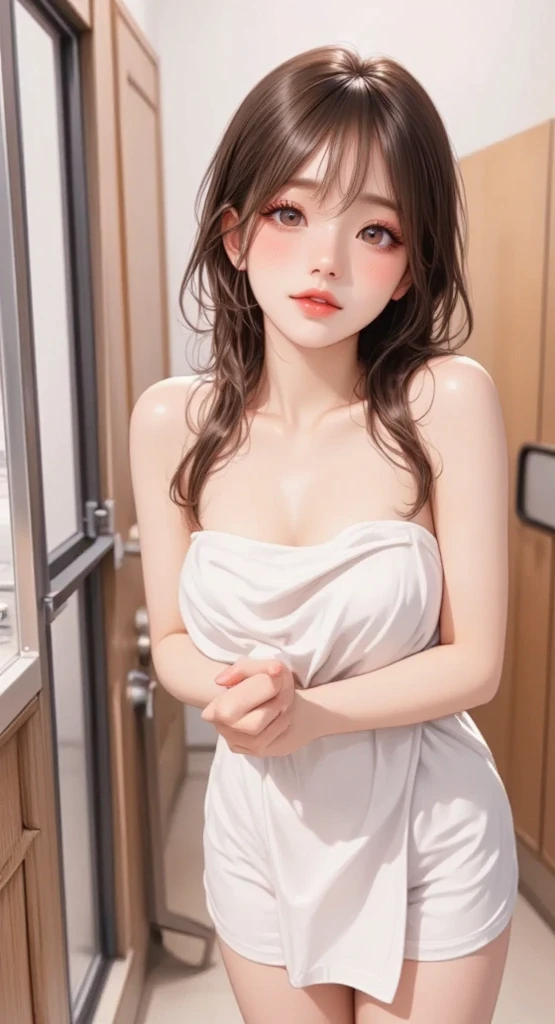 highest quality、4K quality、Beautiful cleavage、Beautiful Style、tall、Small breasts、Bare buttocks、Small Ass、Shy face、16 year old princess、Bare shoulders、My skirt is blown up by the wind、ultra detail eye,Shooting from behind、Apply lipstick on your lips、realistic tongue、Holding lipstick with fingery whole body is wet、Small face、Soft skin quality、Shooting from the front、Japanese clothing