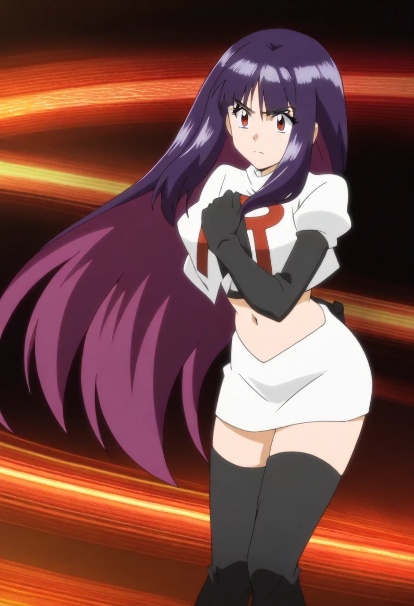 masterpiece, best quality, highly detailed, highres, hdr, extremely detailed illustration, detailed face, homurakougetsu, 1girl, solo, bow, ribbon, blue hair, hair ribbon, ponytail, purple hair, v-shaped eyebrows, team rocket,team rocket uniform,white skirt,red letter R,crop top,black thigh-highs