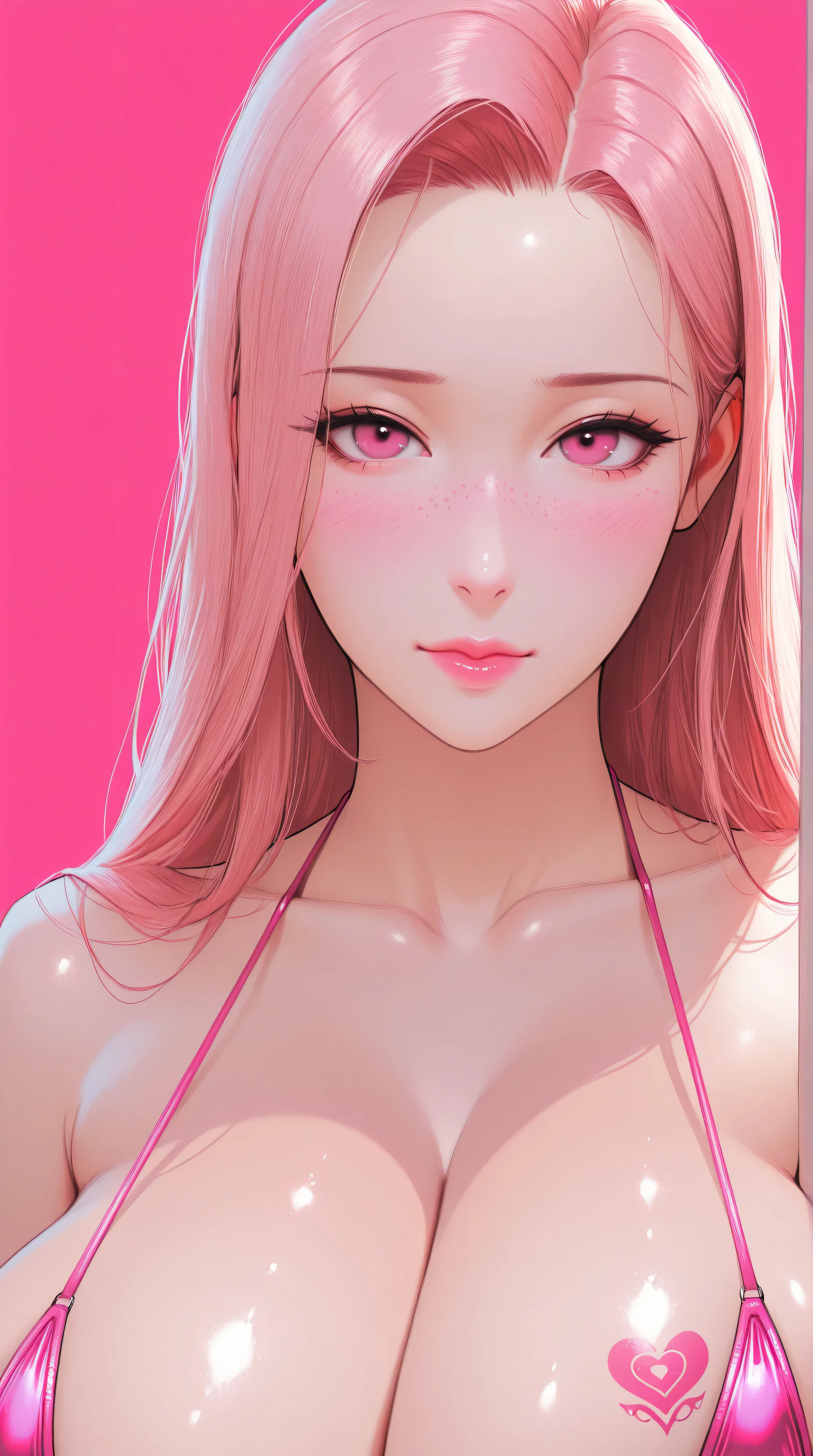 One girl、tattoos, Excellent anatomy, masterpiece, Highest quality,Realistic, hyperRealistic, 16k hdr, Long pink Hair、Straight Hair、bangs、freckles、high school girl、Slender、Slender body、asian high school girl, huge breasts, cleavage, Lewd, horny, huge breasts, cleavage, neon pink monochromatic color palette,  big pink eyes, neon pink micro bikini, luminescence, ulzzang, portrait, anime, manga, sexy, submissive, seductive, heavy blushing, shy, tease, 8ｋ, Highest quality, masterpiece, Sharp focus, (shiny skin), naughty girl, neon pink background,
