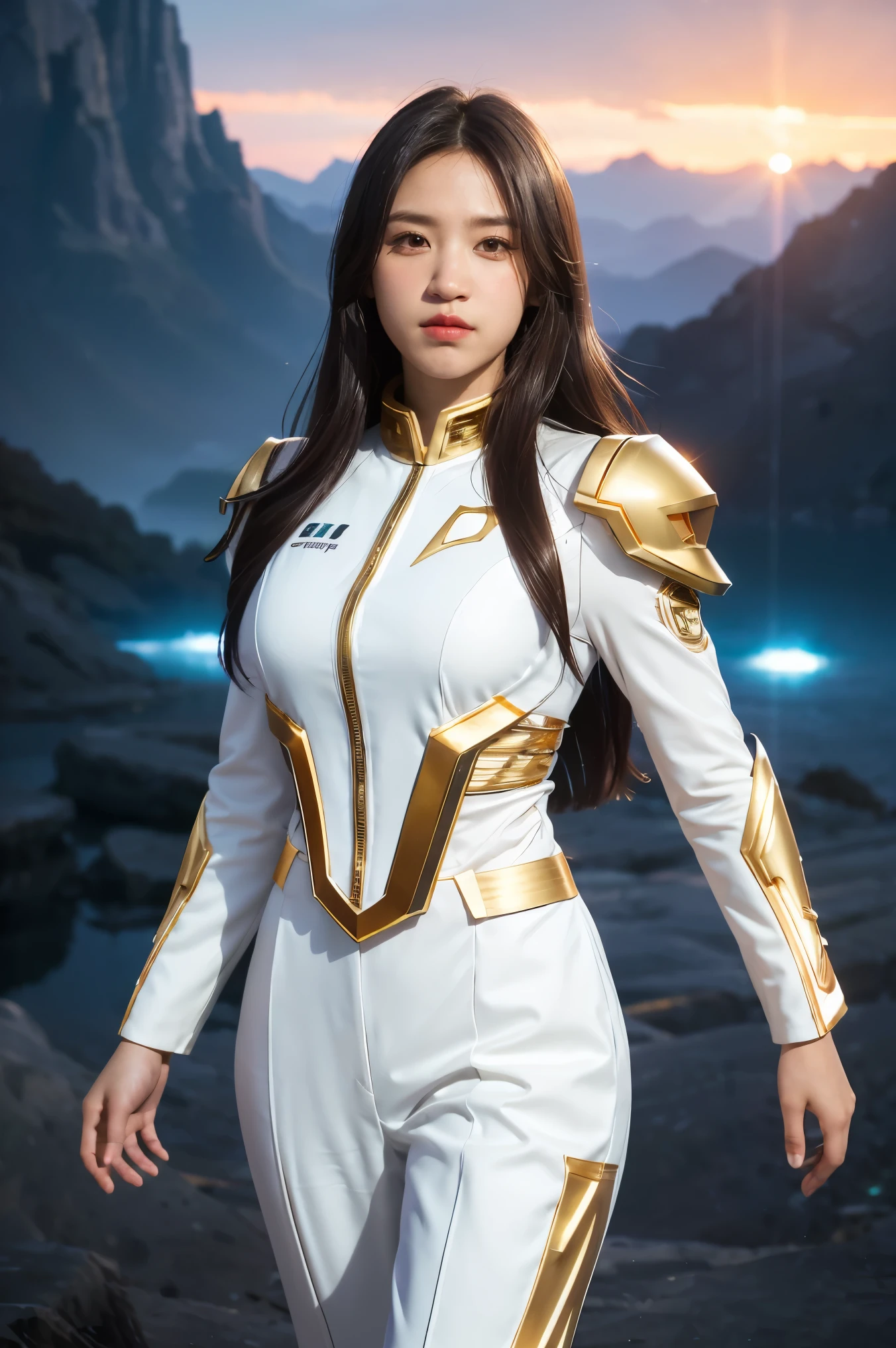 ((masterpiece, best quality, extremely detailed), volumetric lighting, ambient occlusion, colorful, glowing),
1girl, solo, young girl, (dark hair), long hair, halo, aura, sacred, goddess, cleric suit, (white outfit with gold detailst:1.3), armor,
outdoors, sunset, sky, clouds, space, (fantasy theme:1.2),ม 1girl, full body, Illustration, cinematic light, high resolution, best quality, ultra-detailed, masterpiece, power suit, powerranger, suit, spd,
