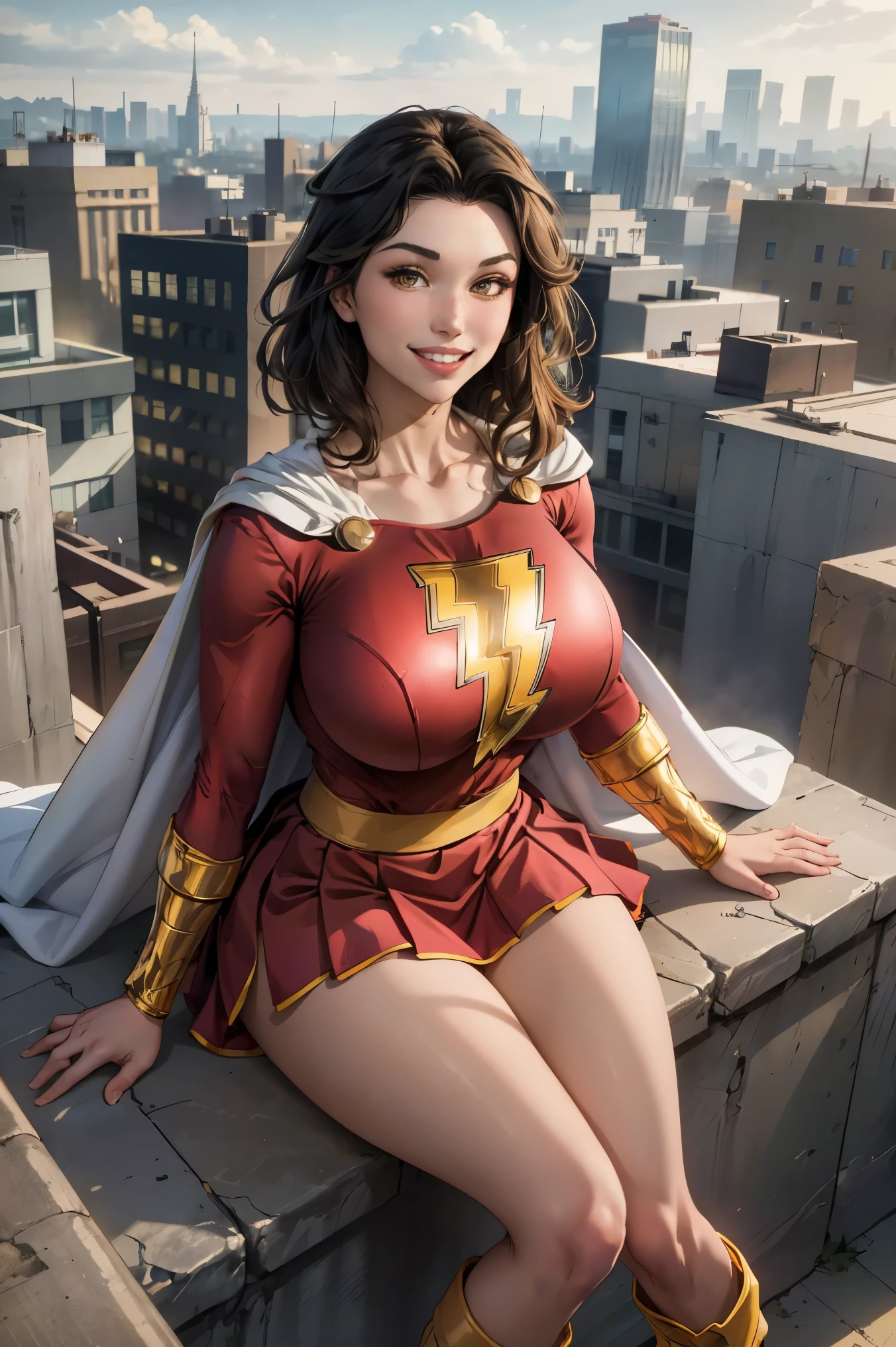Grace Fulton, masterpiece, best quality,  mary marvel, white cape, red dress, red skirt, long sleeves, bracer, large breasts, smile, looking at viewer, cityscape, rooftop, smile, yellow boots, sitting, short hair,  is very big, gr4c3f, 